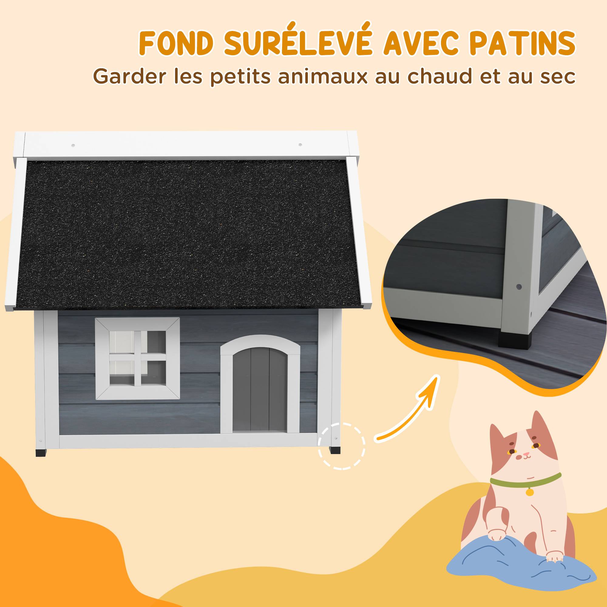 Maison pour chat en bois porte à lamelles fenêtre en plexiglas toit bitumé ouvrable 77 x 57,5 x 68 cm gris - Image 10