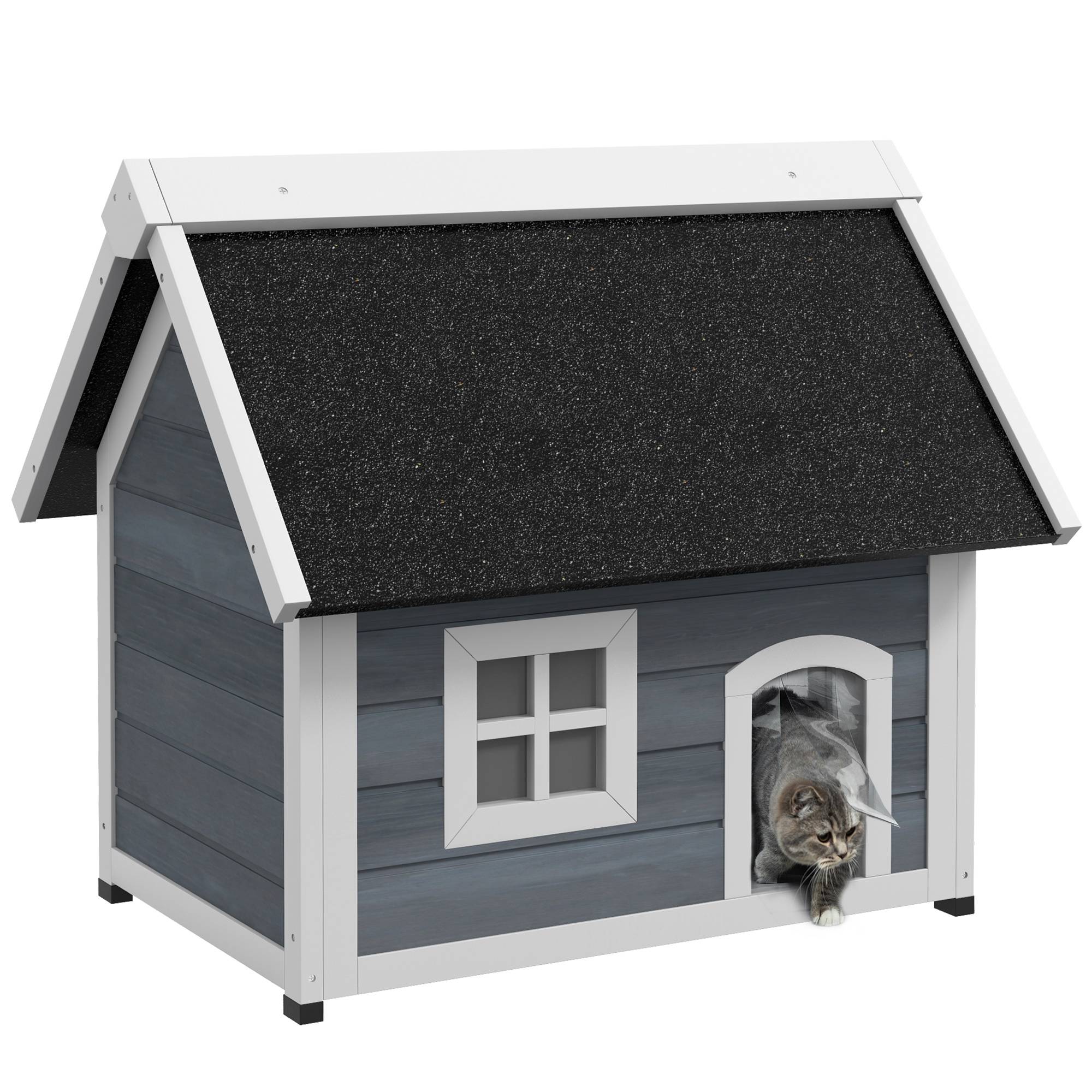 Maison pour chat en bois porte à lamelles fenêtre en plexiglas toit bitumé ouvrable 77 x 57,5 x 68 cm gris - Image 1