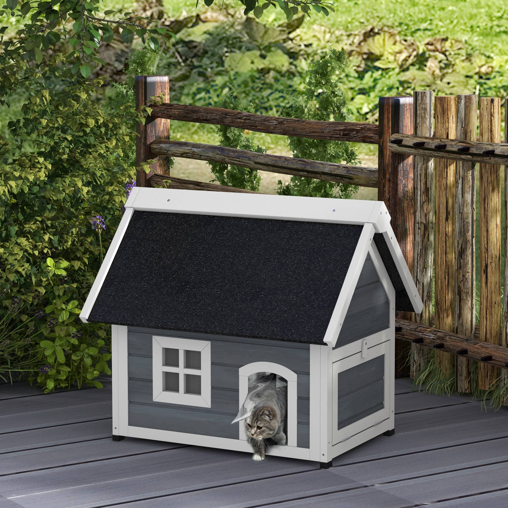Maison pour chat en bois porte à lamelles fenêtre en plexiglas toit bitumé ouvrable 77 x 57,5 x 68 cm gris - Image 3