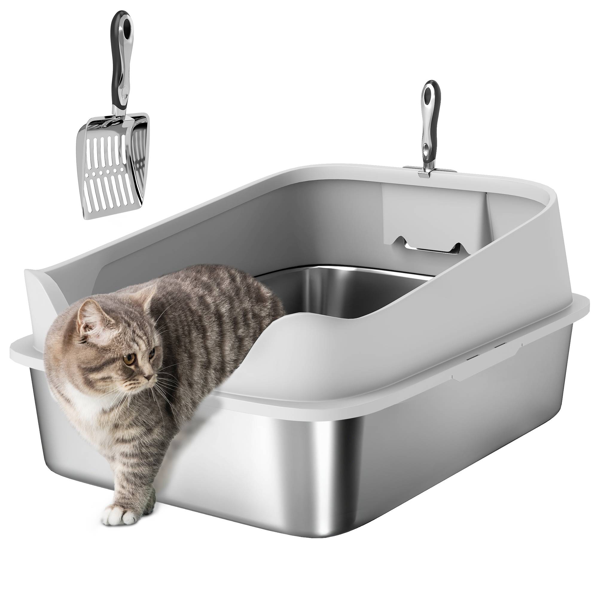 Bac à litière chat inox XXL 70x50 cm avec rebord haut et pelle - Image 1