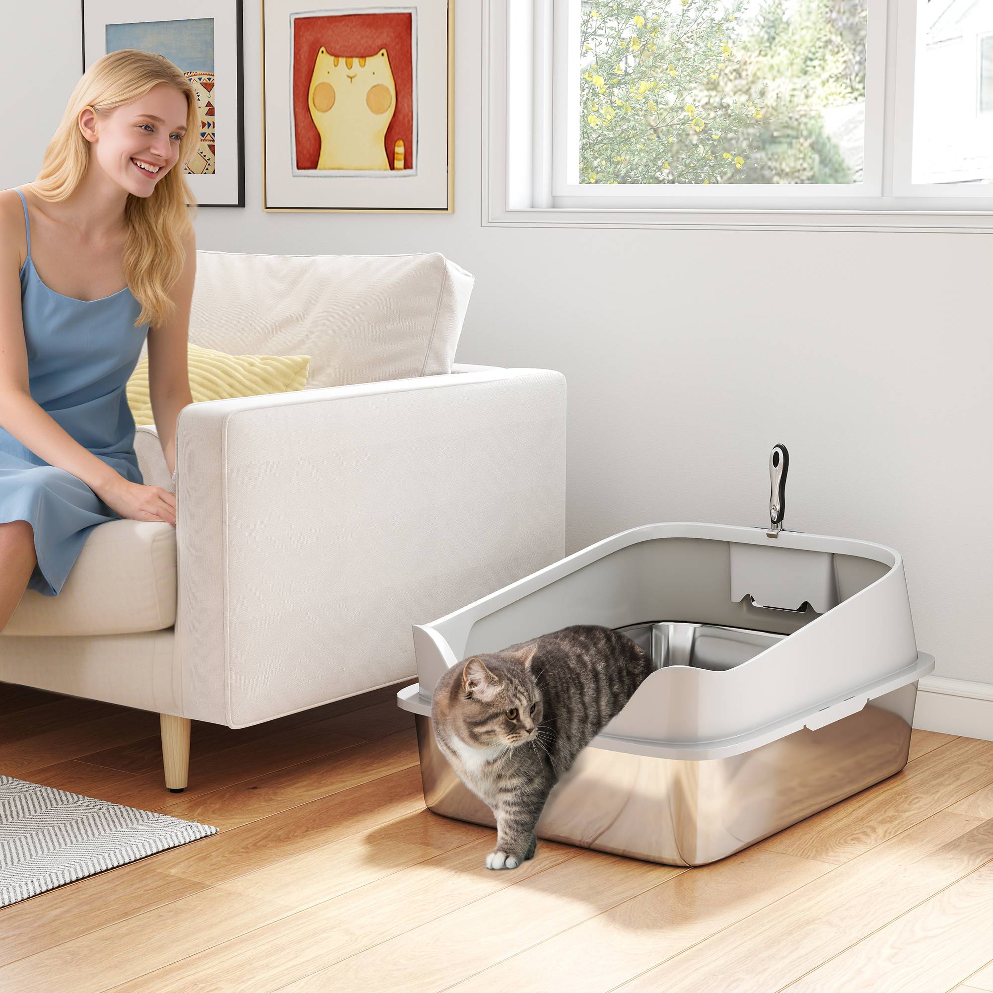 Bac à litière chat inox XXL 70x50 cm avec rebord haut et pelle - Image 4
