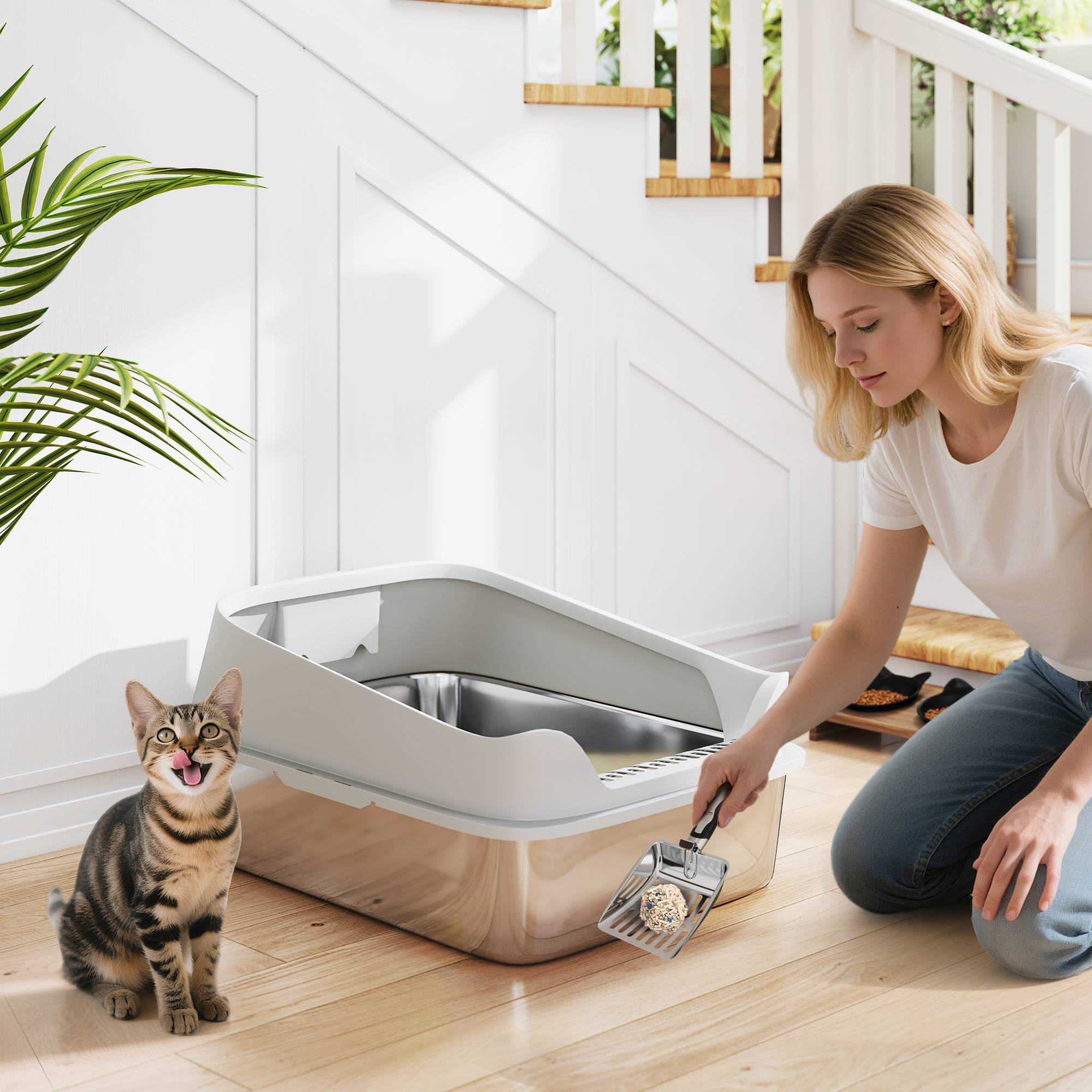 Bac à litière chat inox XXL 70x50 cm avec rebord haut et pelle - Image 3