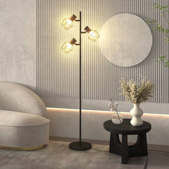 Lampadaire à 3 lumières avec éléments lumineux flexibles, structure en forme d'arbre, pour salon et chambre, métal, noir - Image 4