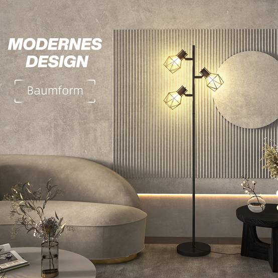 Lampadaire à 3 lumières avec éléments lumineux flexibles, structure en forme d'arbre, pour salon et chambre, métal, noir - Image 6