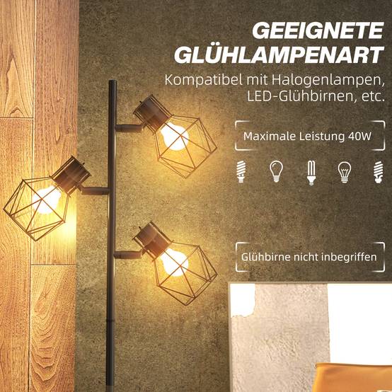 Lampadaire à 3 lumières avec éléments lumineux flexibles, structure en forme d'arbre, pour salon et chambre, métal, noir - Image 8