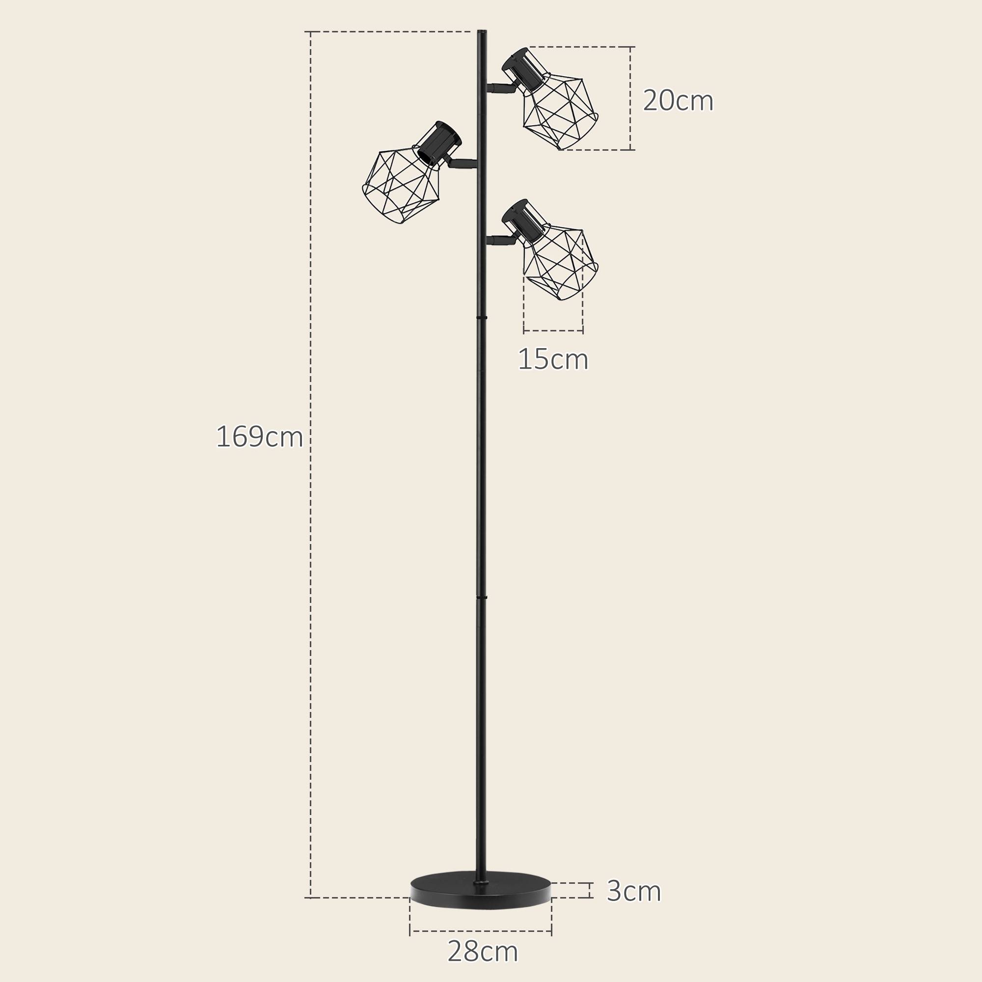 Lampadaire à 3 lumières avec éléments lumineux flexibles, structure en forme d'arbre, pour salon et chambre, métal, noir - Image 5