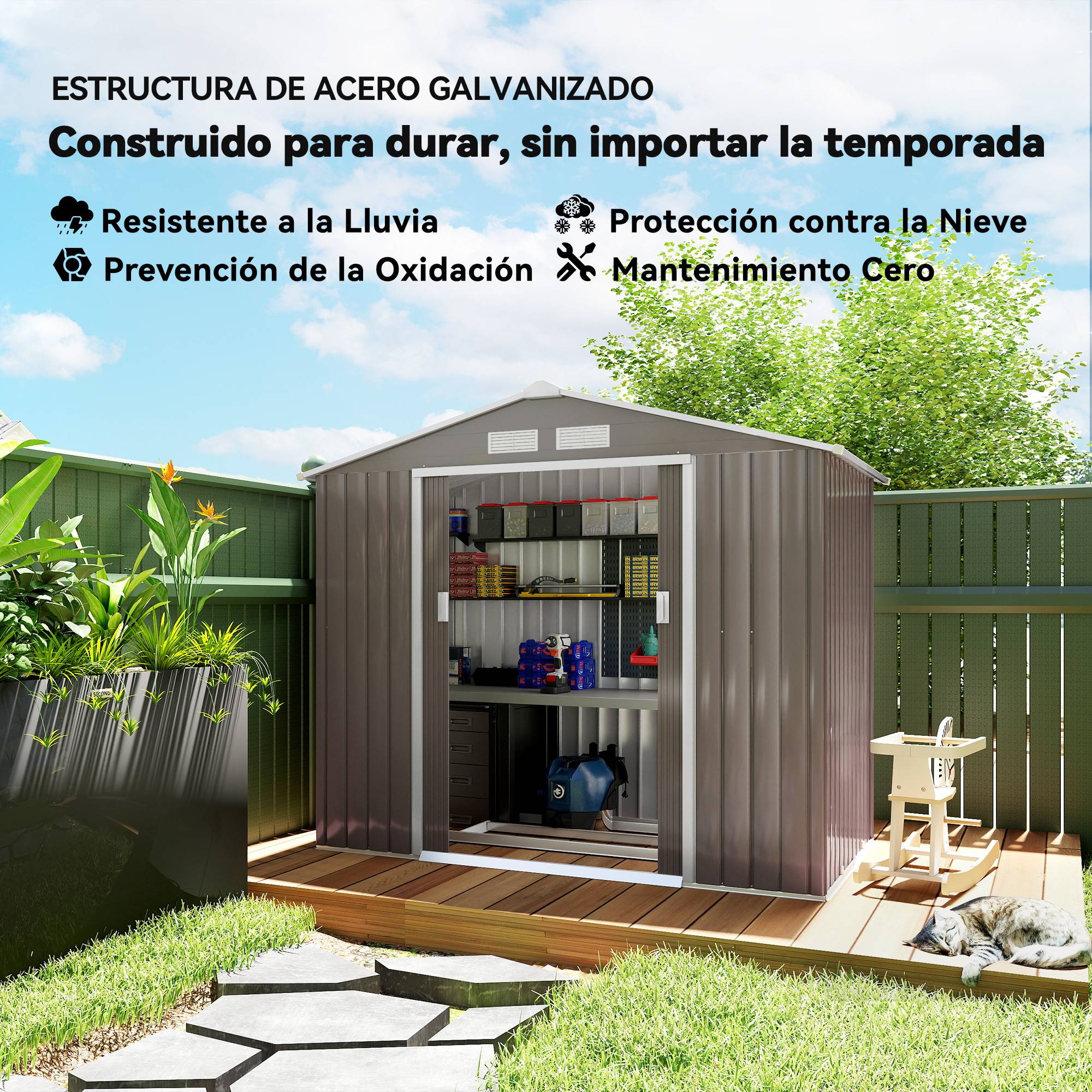 Abri de jardin acier galvanisé extérieur stockage outils 213x130cm gris - ComfortXL Outdoor Living - Image 6