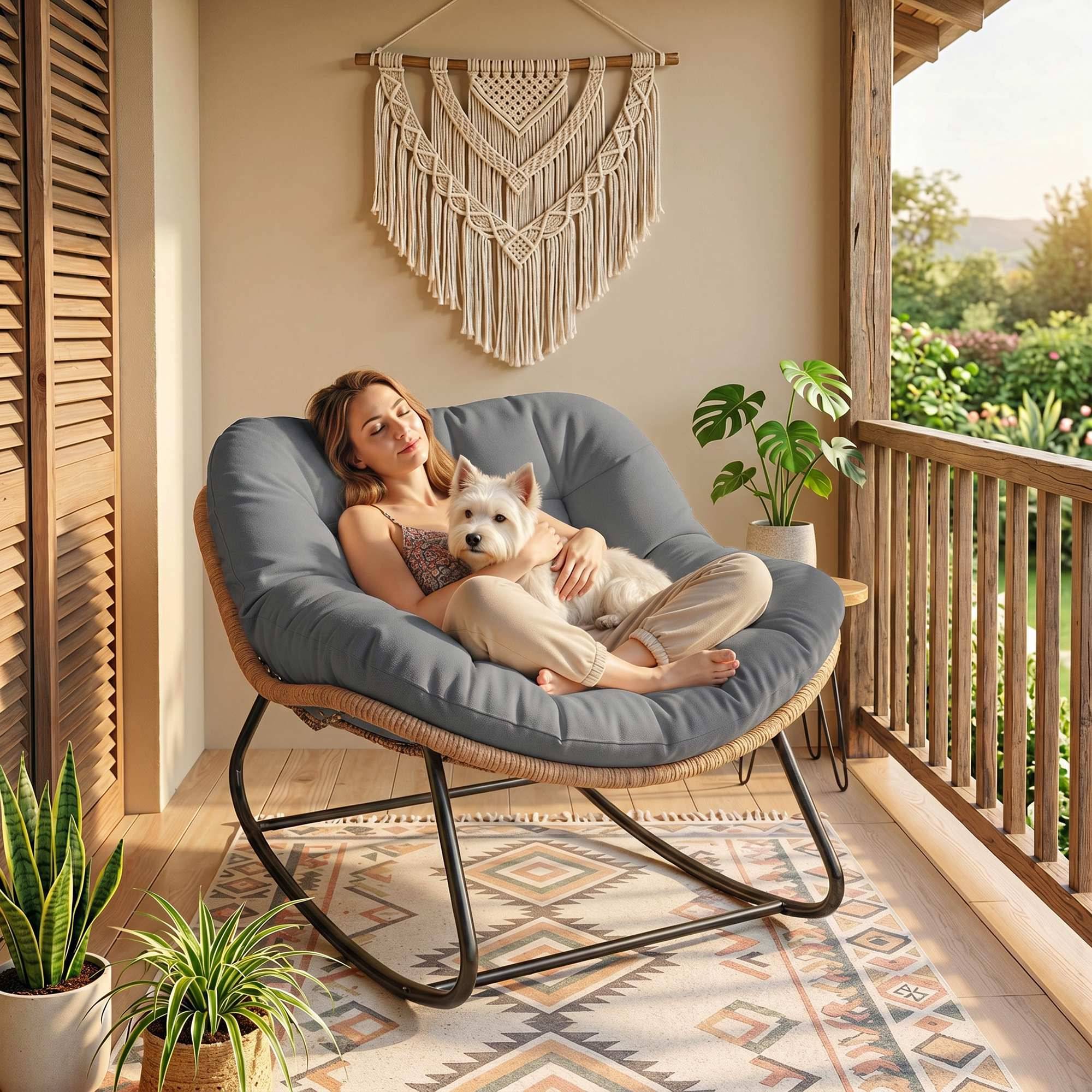 Fauteuil à Bascule Papasan Intérieur Extérieur, Chaise Ovale à Bascule Rembourrée pour Jardin, Patio, Gris - Image 10