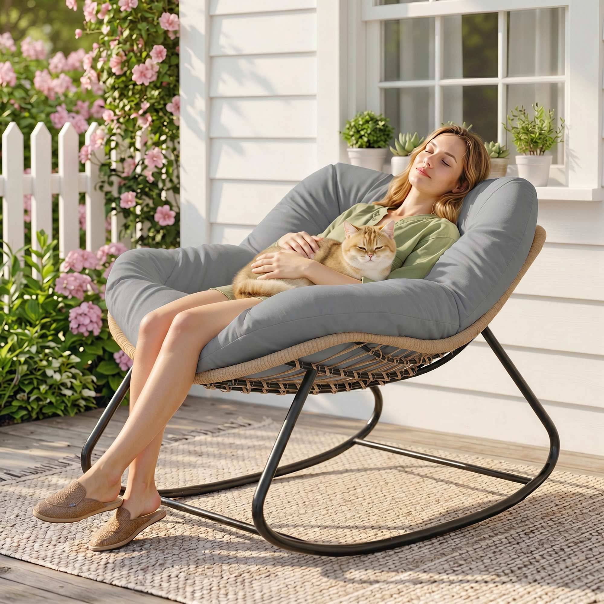 Fauteuil à Bascule Papasan Intérieur Extérieur, Chaise Ovale à Bascule Rembourrée pour Jardin, Patio, Gris - Image 4