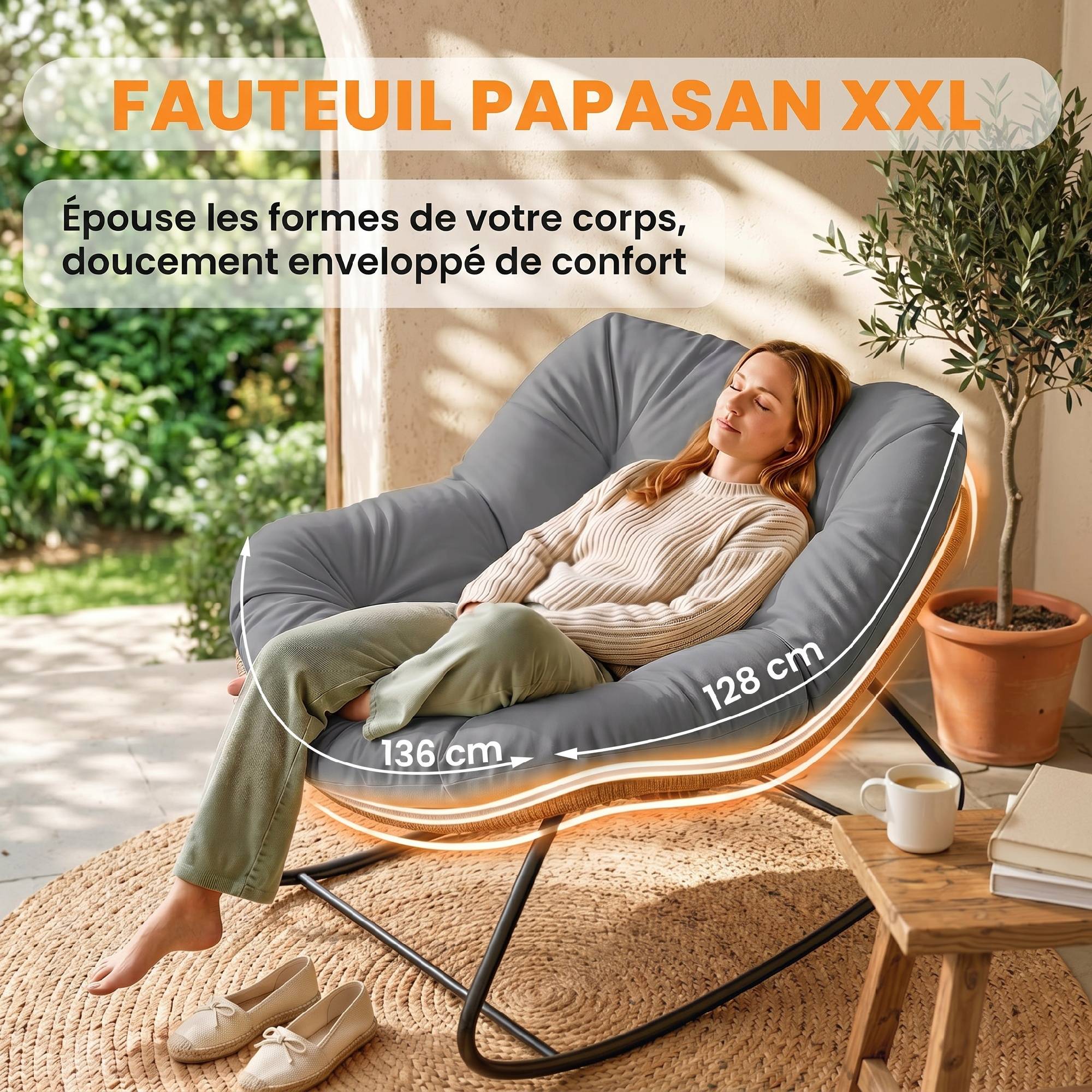 Fauteuil à Bascule Papasan Intérieur Extérieur, Chaise Ovale à Bascule Rembourrée pour Jardin, Patio, Gris - Image 6