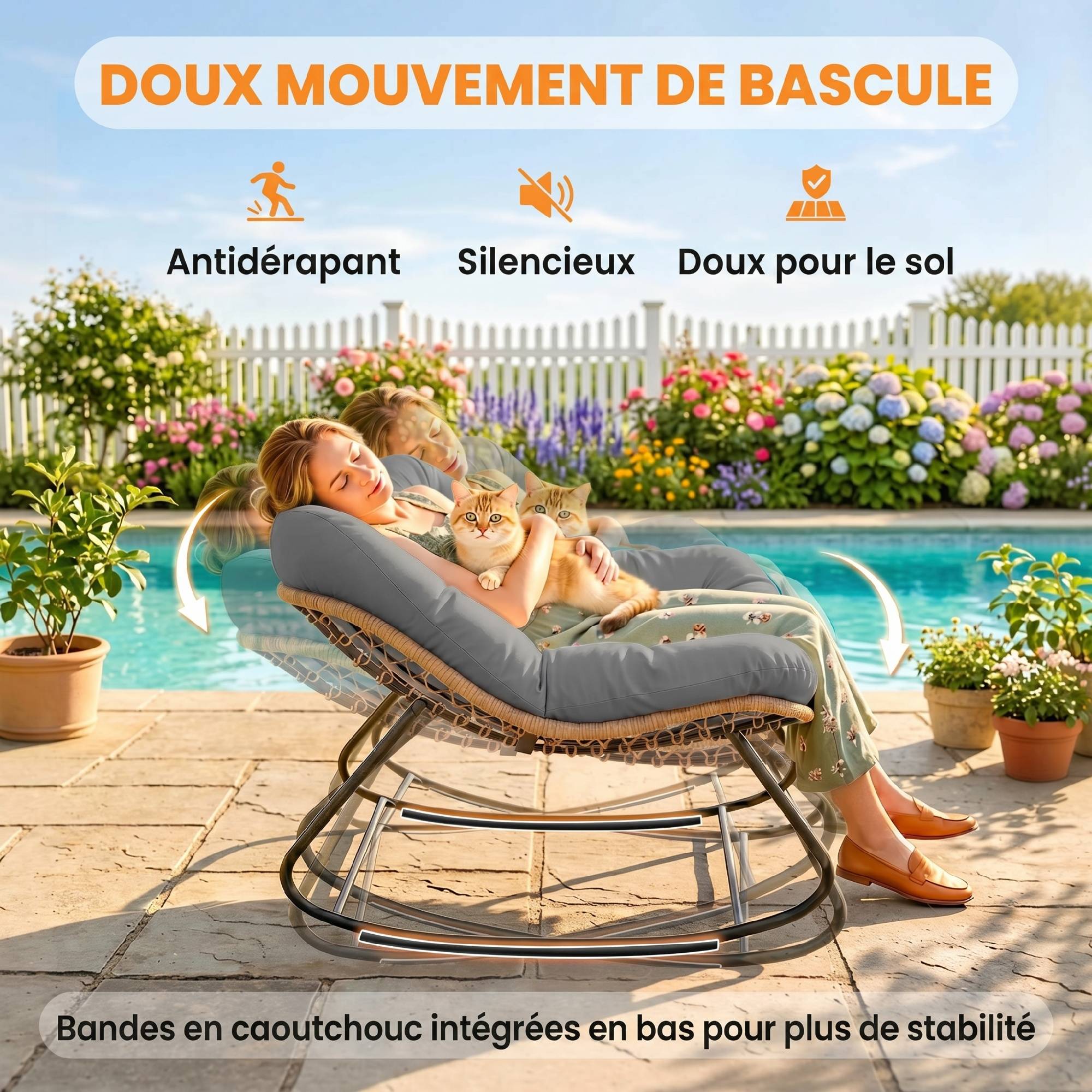 Fauteuil à Bascule Papasan Intérieur Extérieur, Chaise Ovale à Bascule Rembourrée pour Jardin, Patio, Gris - Image 8