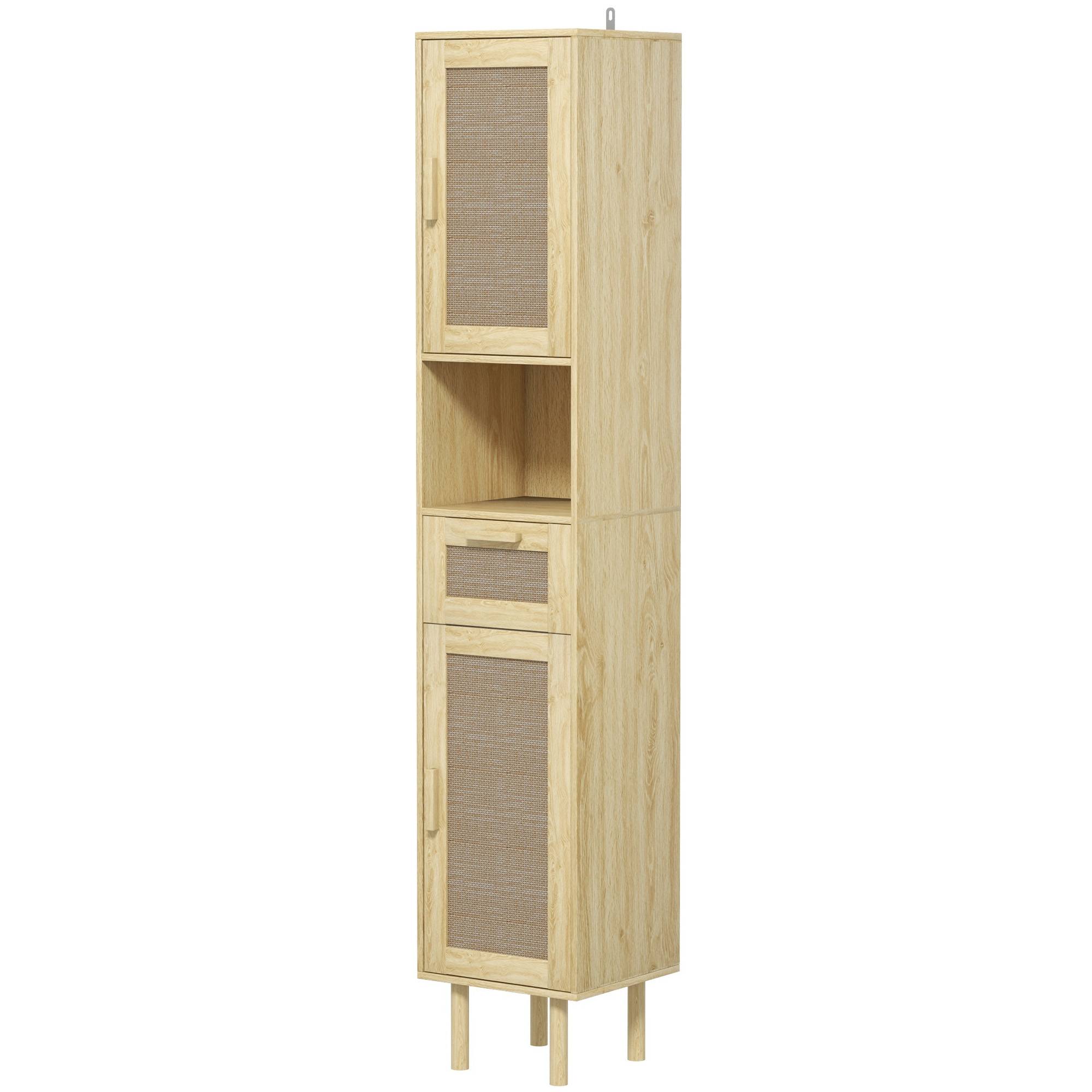 Meuble salle de bain portes effet rotin tiroir et 2 placards, colonne rangement 32x30x170 cm chêne style naturel moderne - Image 2