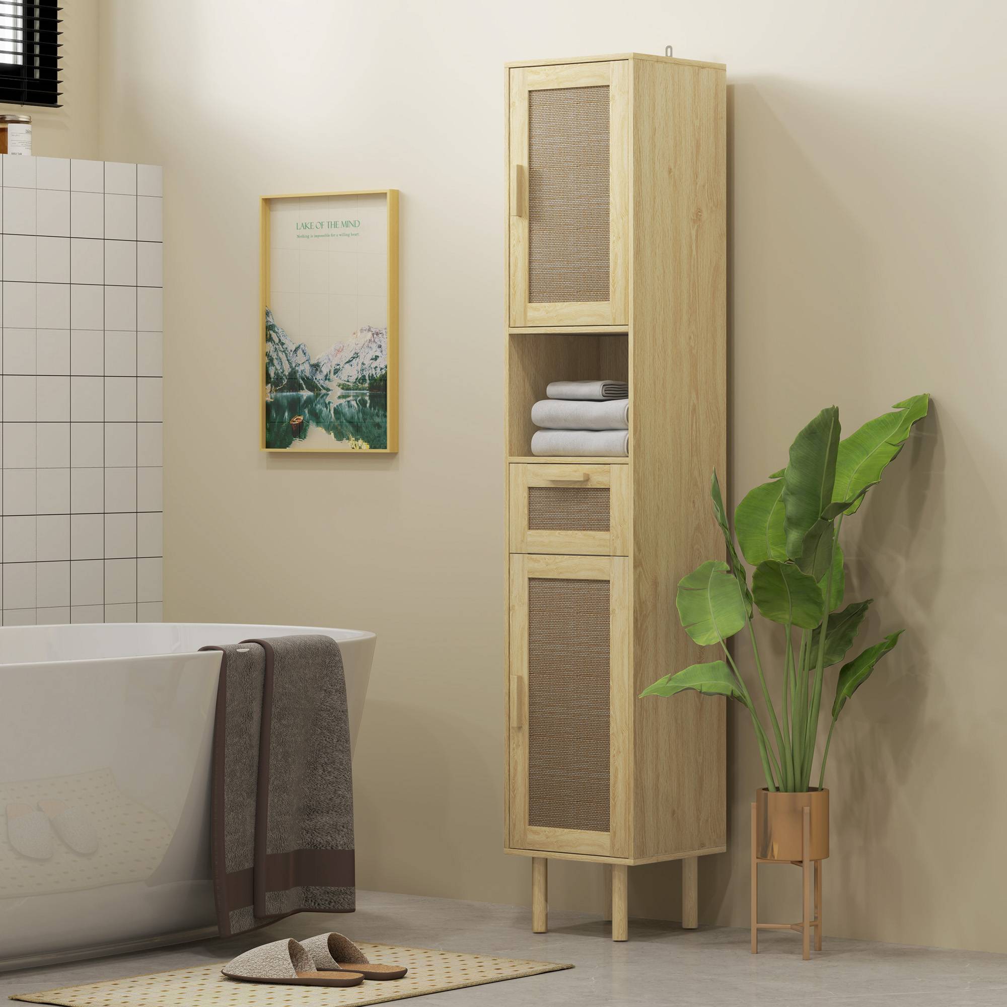 Meuble salle de bain portes effet rotin tiroir et 2 placards, colonne rangement 32x30x170 cm chêne style naturel moderne - Image 4