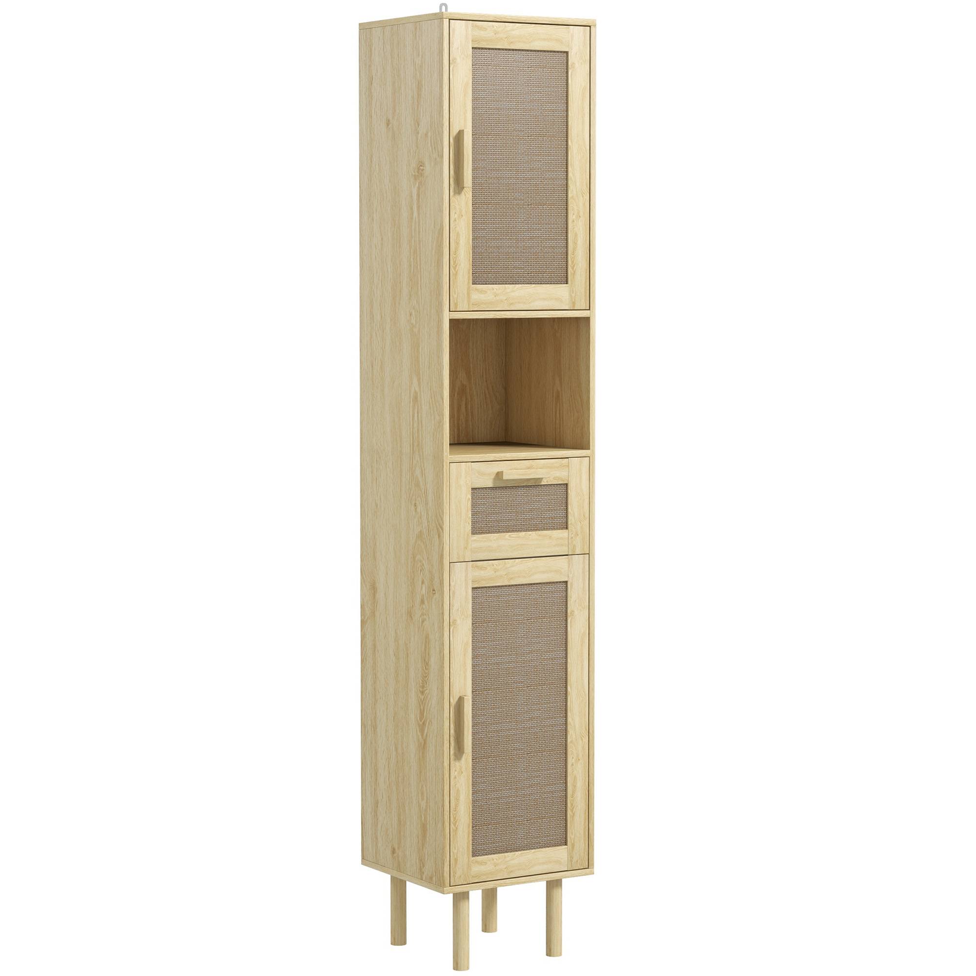 Meuble salle de bain portes effet rotin tiroir et 2 placards, colonne rangement 32x30x170 cm chêne style naturel moderne - Image 1