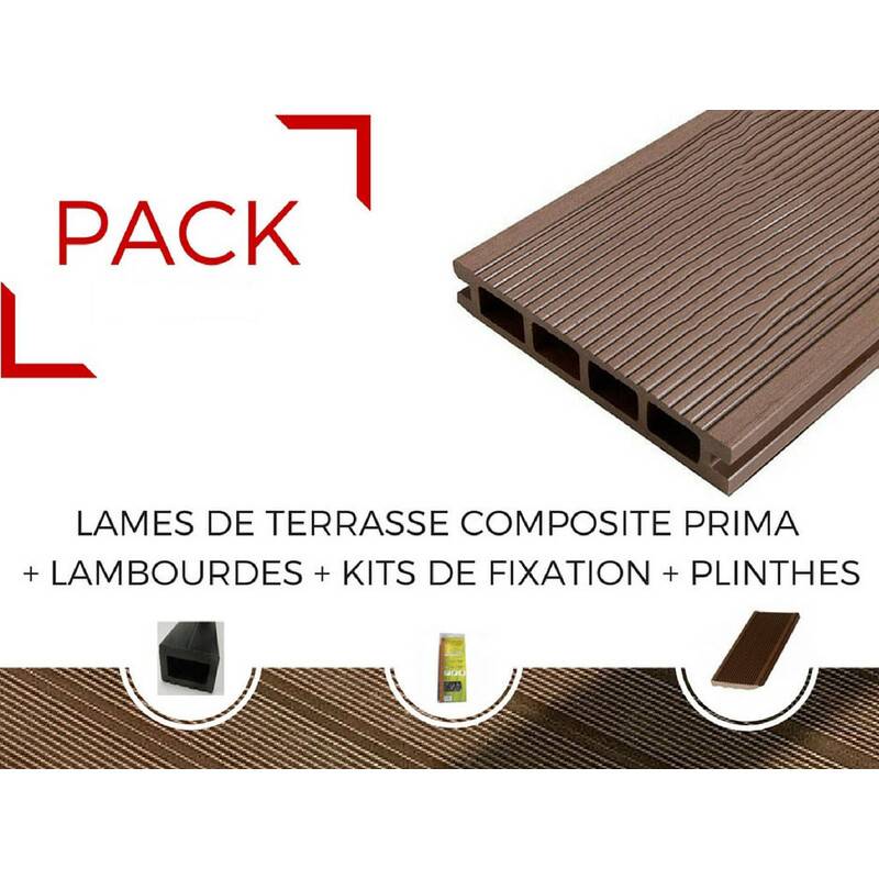 PACK 15 m² lame de terrasse composite Prima + ACCESSOIRES (3 coloris) 2200mm - Chocolat, 19mm Epaisseur, 12cm Largeur, 220cm Longueur