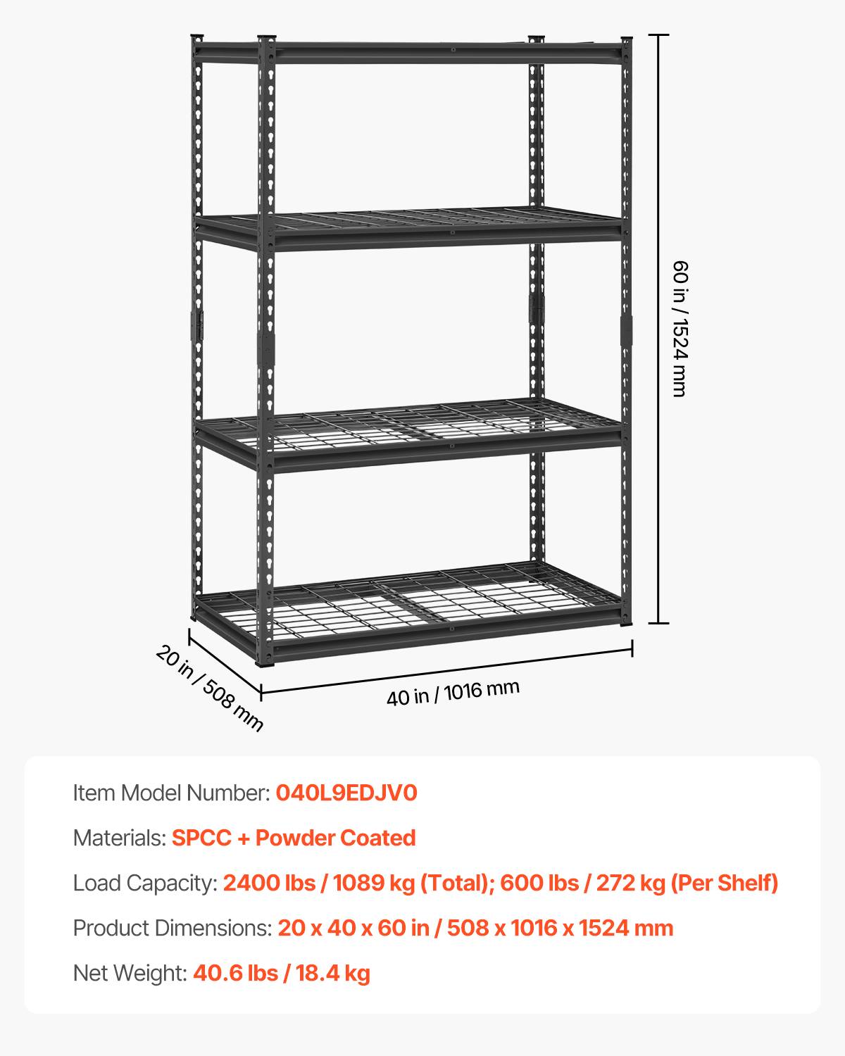 VEVOR Étagère rangement 1089kg, métal 4 niveaux, 508x1016x1524mm, noir. - Image 7