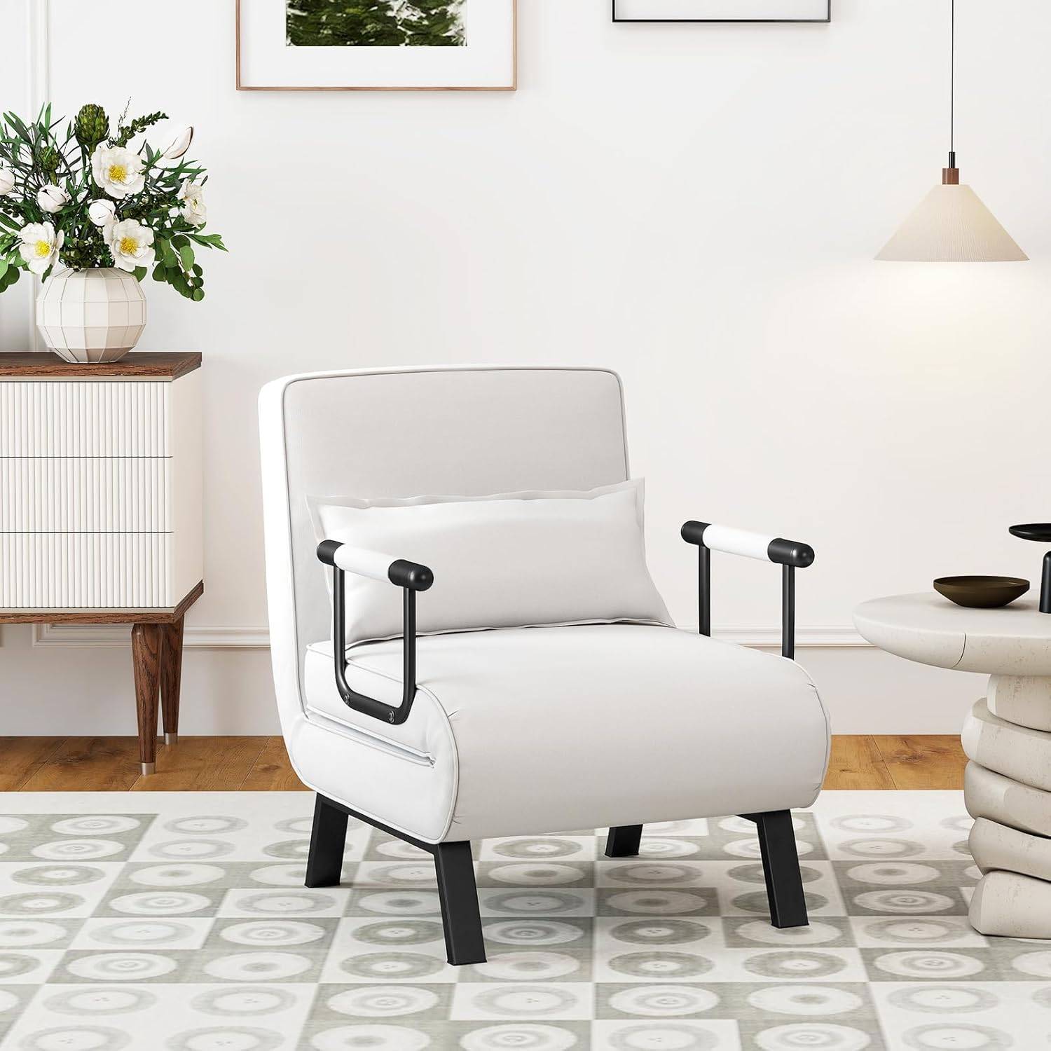 Fauteuil Convertible 1 Place, Fauteuil-Lit Chauffeuse 4-en-1 Dossier Réglable 6 Position, Oreiller, Siège Rembourré, Accoudoirs, Cadre Métal, Canapé-L - Image 1