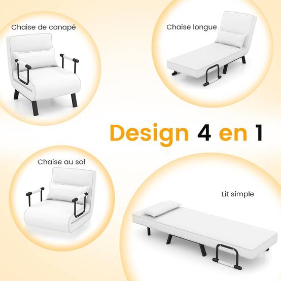 Fauteuil Convertible 1 Place, Fauteuil-Lit Chauffeuse 4-en-1 Dossier Réglable 6 Position, Oreiller, Siège Rembourré, Accoudoirs, Cadre Métal, Canapé-L - Image 5
