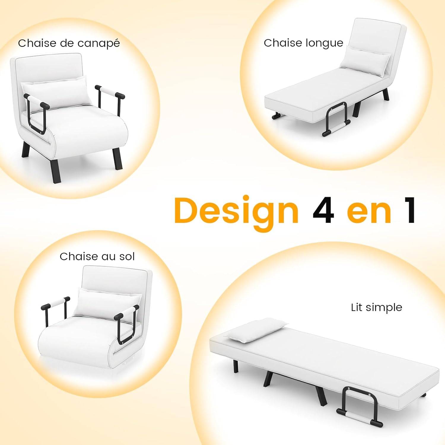 Fauteuil Convertible 1 Place, Fauteuil-Lit Chauffeuse 4-en-1 Dossier Réglable 6 Position, Oreiller, Siège Rembourré, Accoudoirs, Cadre Métal, Canapé-L - Image 5