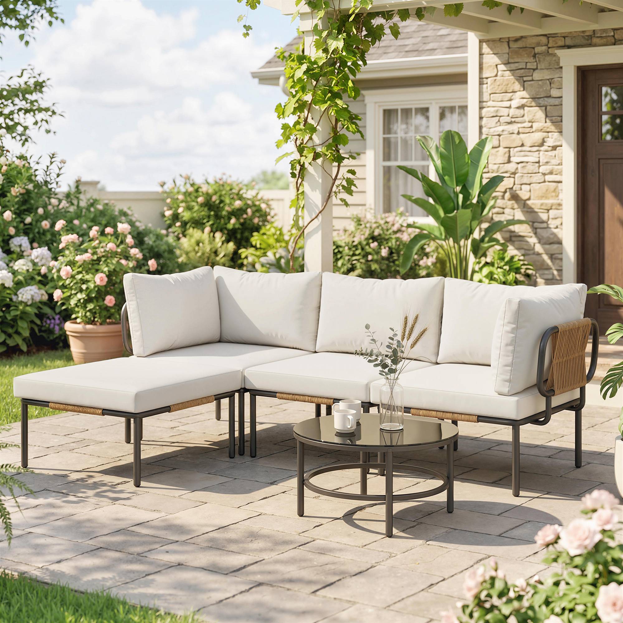 ComfortXL - Salon de Jardin Modulable 5 Pièces Résine Tressée Terrasse Canapé Angle 192x126x60cm Kaki - ComfortXL Outdoor Living - Image 4