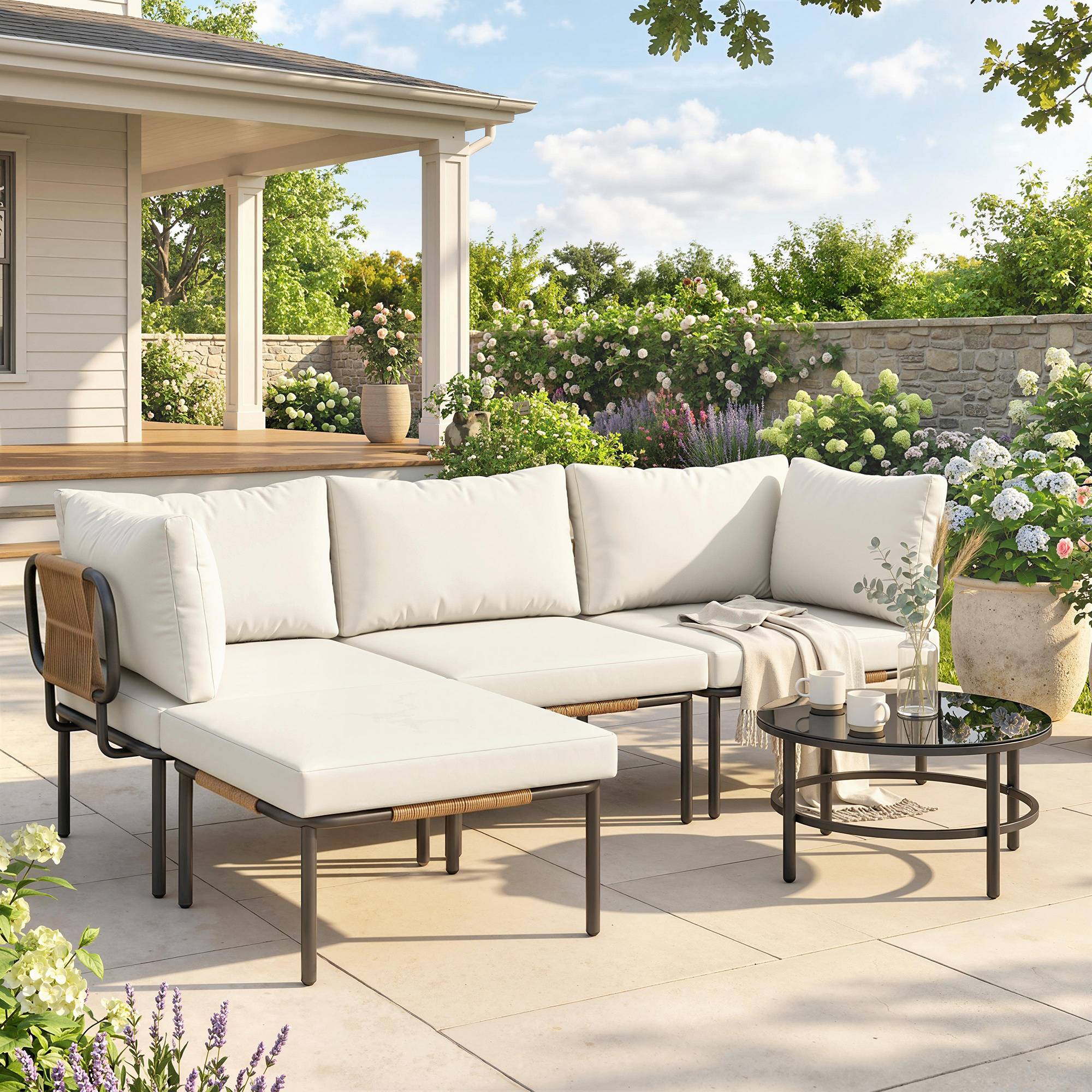 ComfortXL - Salon de Jardin Modulable 5 Pièces Résine Tressée Terrasse Canapé Angle 192x126x60cm Kaki - ComfortXL Outdoor Living - Image 3
