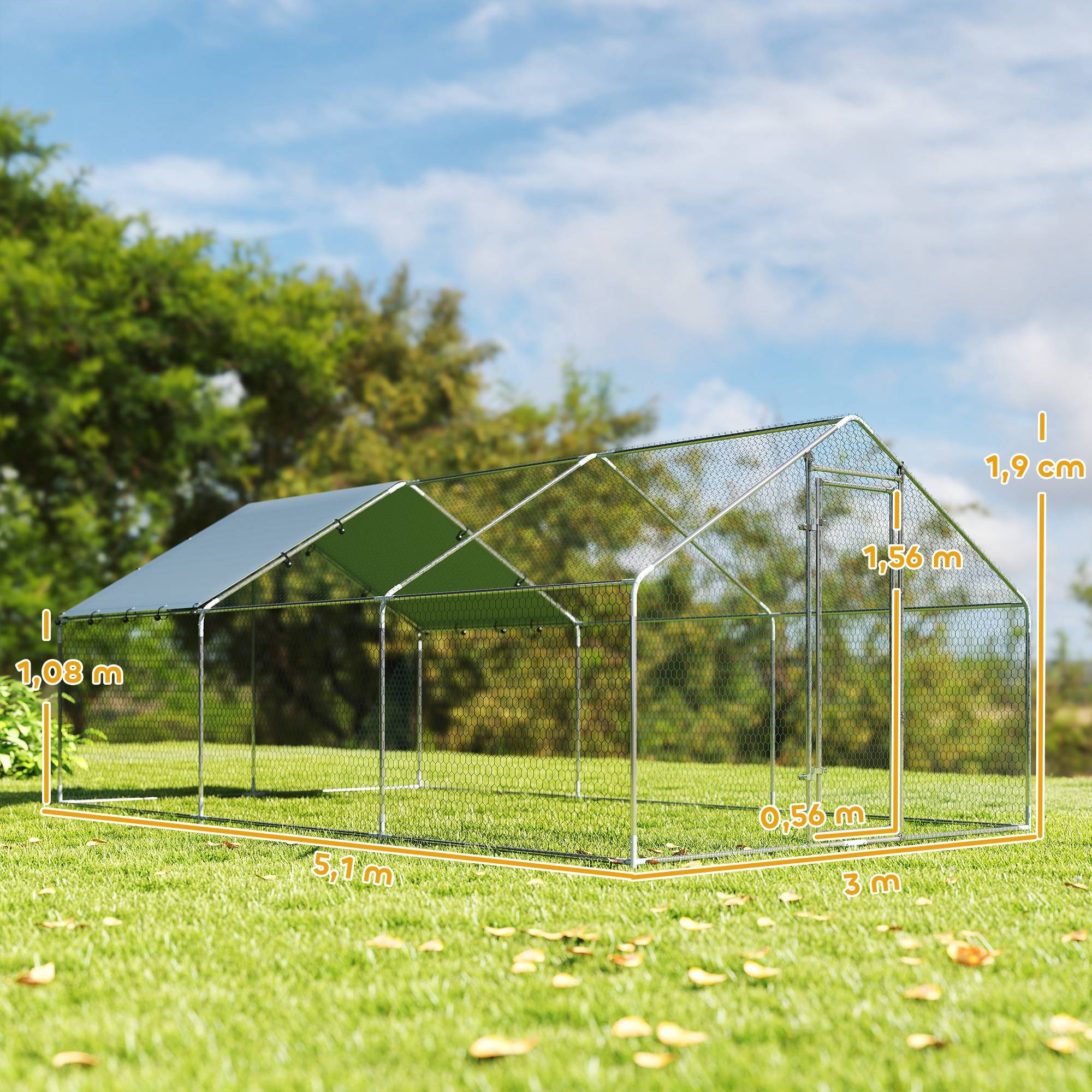 Grand poulailler extérieur en acier galvanisé 5,1x3x1,9 m 15,3 m² avec bâche Oxford et serrure argent - Image 5