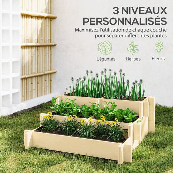 Carré Potager de jardin en Bois massif, Jardinière Surélevé en Escalier 3 Niveaux, 93 x 93 x 35 cm, effet Bois Naturel - Image 6