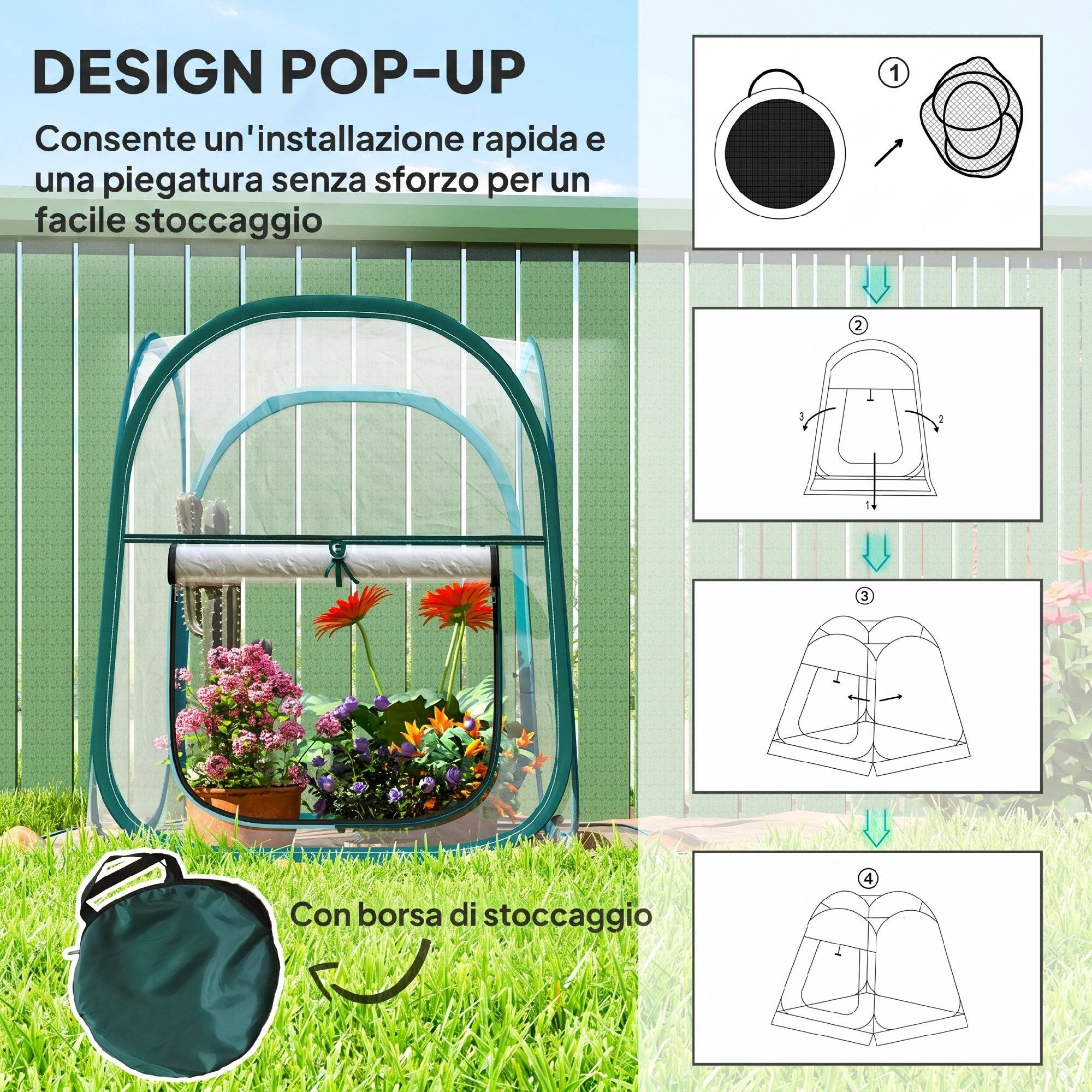 Mini serre pop-up couverture plastique, fenêtre enroulable et sac, 70x70x80 cm, transparente - Image 6