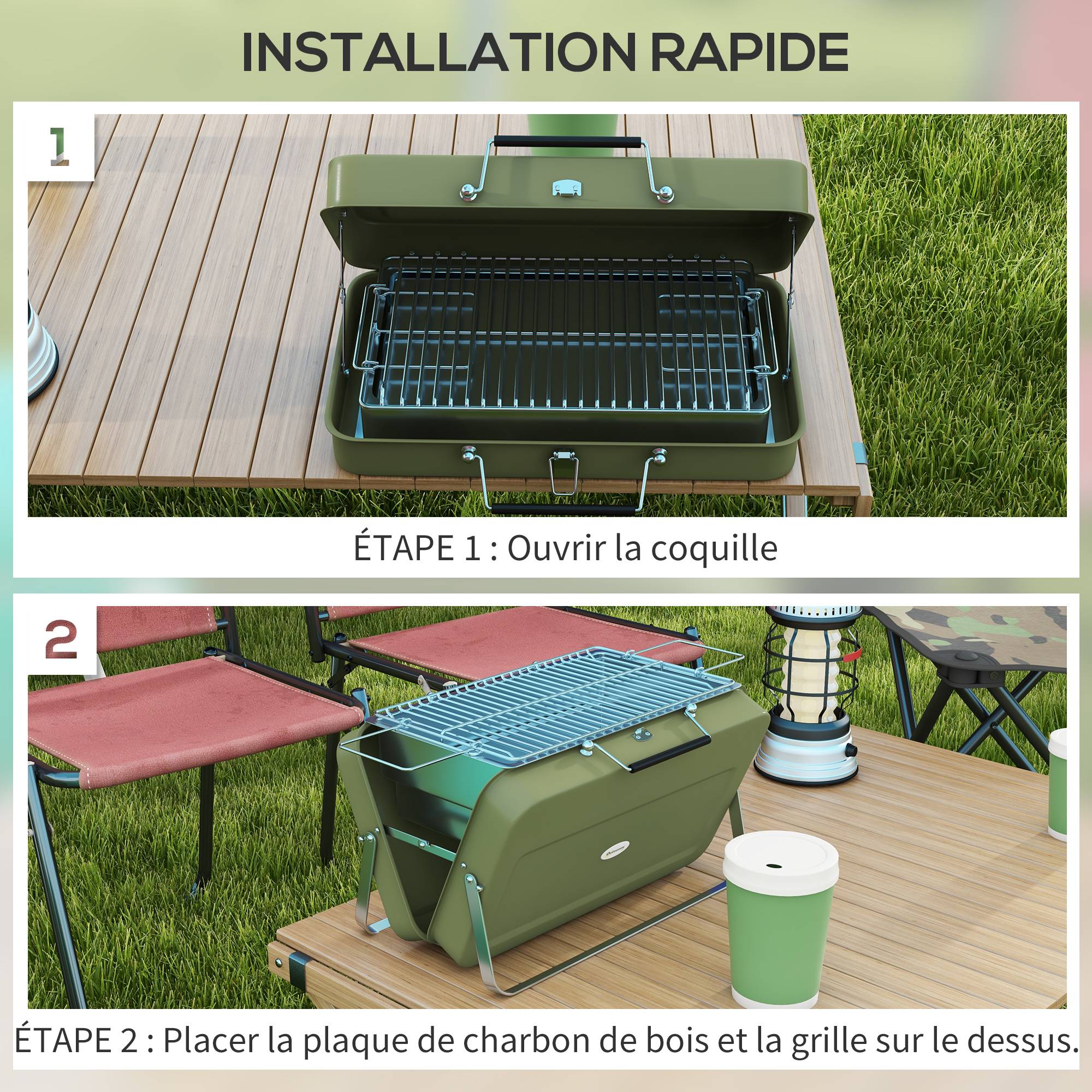 Mini barbecue à charbon valise acier table jardin camping pliable vert 47 cm - ComfortXL Outdoor Living - Image 7