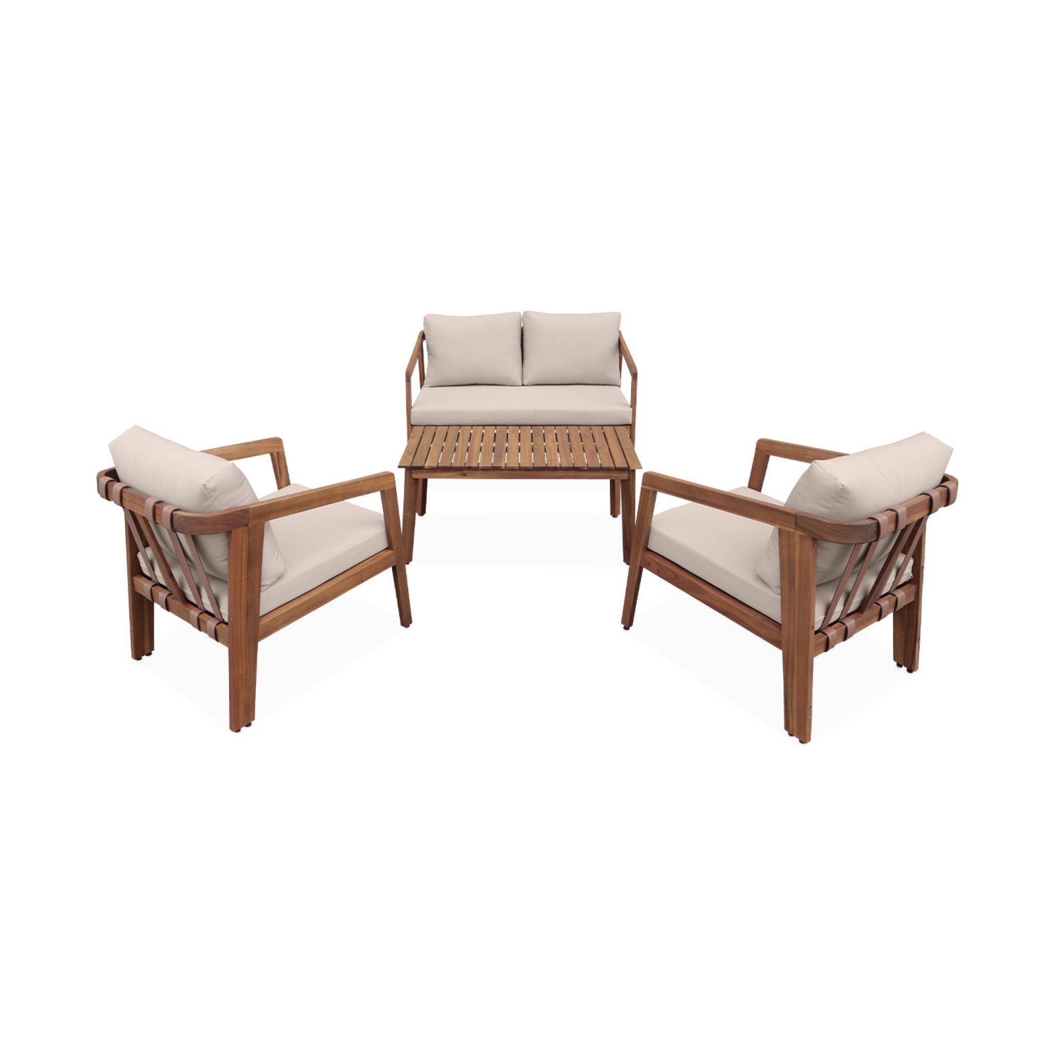 Salon de jardin beige 4 places LOBERIA. bois d'acacia dossier avec lanières effet cuir | sweeek - Image 4