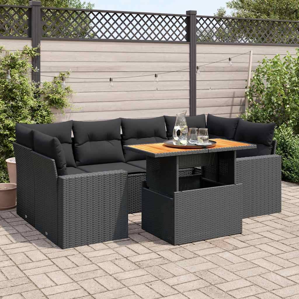 Salon de jardin modulable 7 places noir résine tressée et bois table et accoudoirs – ComfortXL Outdoor Living - Image 1