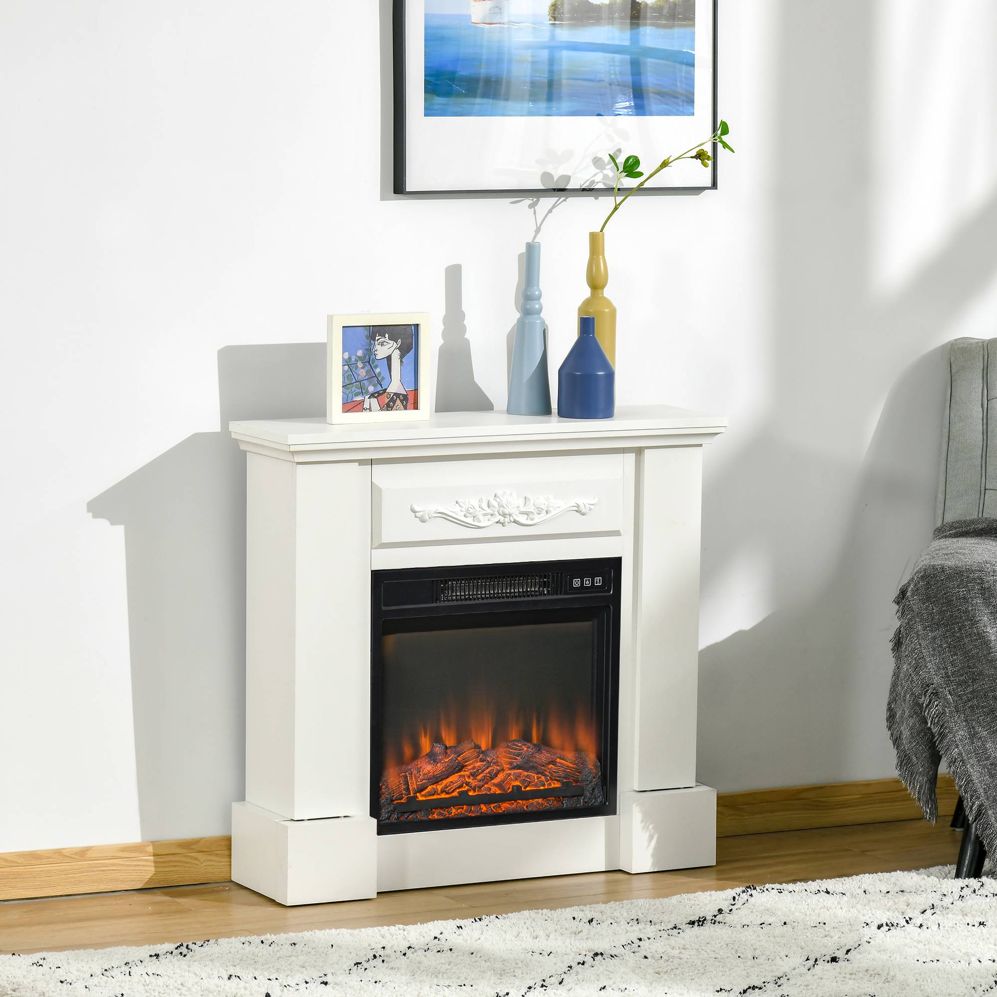 Cheminée électrique sur pied 1800 W avec effet flamme, télécommande, minuterie et température réglable, blanche - Image 3