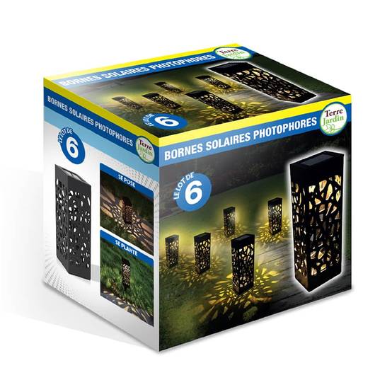 Lot de 6 bornes solaires photophores 6x6x28,3 cm – Éclairage blanc chaud effet mosaïque - TERRE JARDIN - Image 8