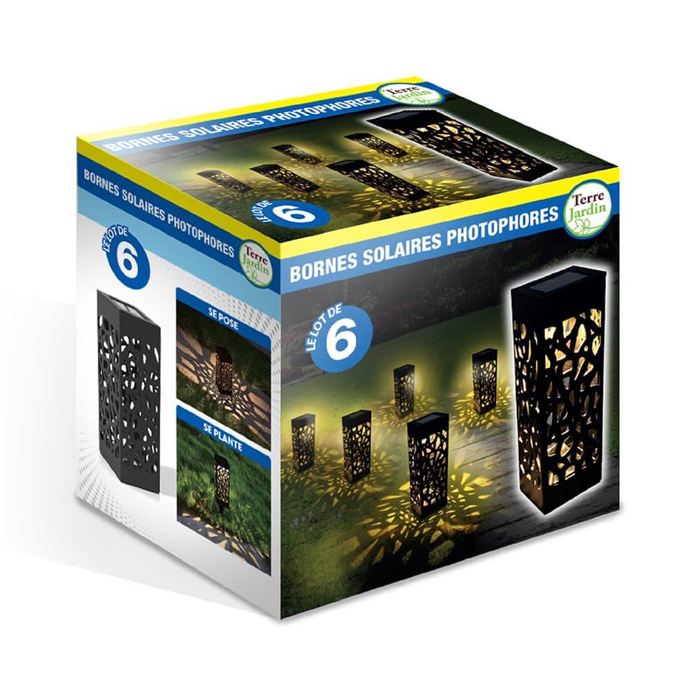 Lot de 6 bornes solaires photophores 6x6x28,3 cm – Éclairage blanc chaud effet mosaïque - TERRE JARDIN - Image 8