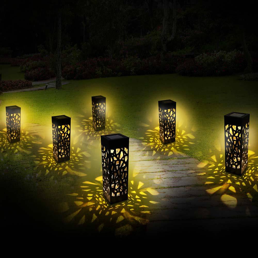 Lot de 6 bornes solaires photophores 6x6x28,3 cm – Éclairage blanc chaud effet mosaïque - TERRE JARDIN - Image 7