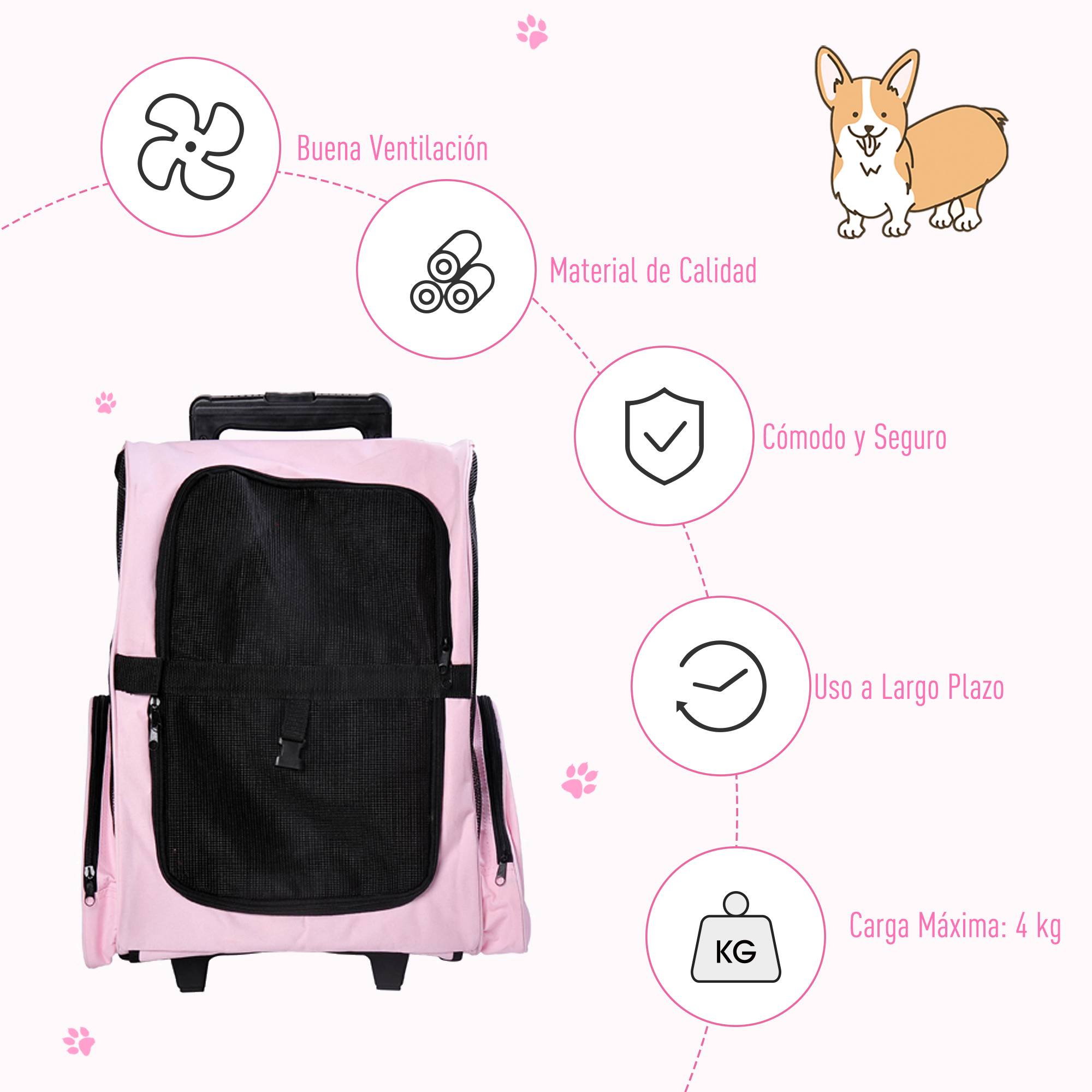 Sac de voyage 2 en 1 pour chien chat en tissu Oxford avec roulettes 42x25x55 cm Rose - ComfortXL Outdoor Living - Image 7