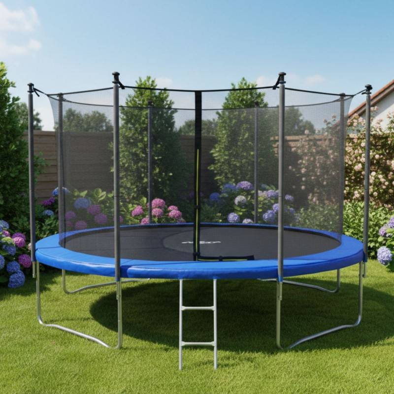 Trampoline pour enfant 14Ft ø427cm avec coussin de protection Bleu, Echelle et Filet de sécurité JUMP4FUN - Image 2