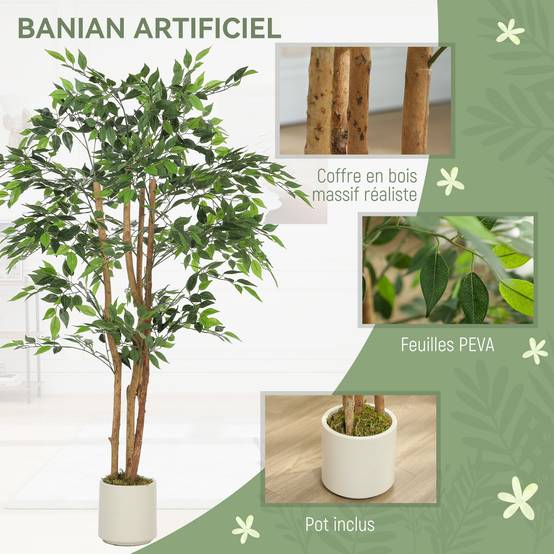 Plante artificielle intérieure 150 cm banian arbre artificiel, pot en plastique et tronc en bois massif - Image 6