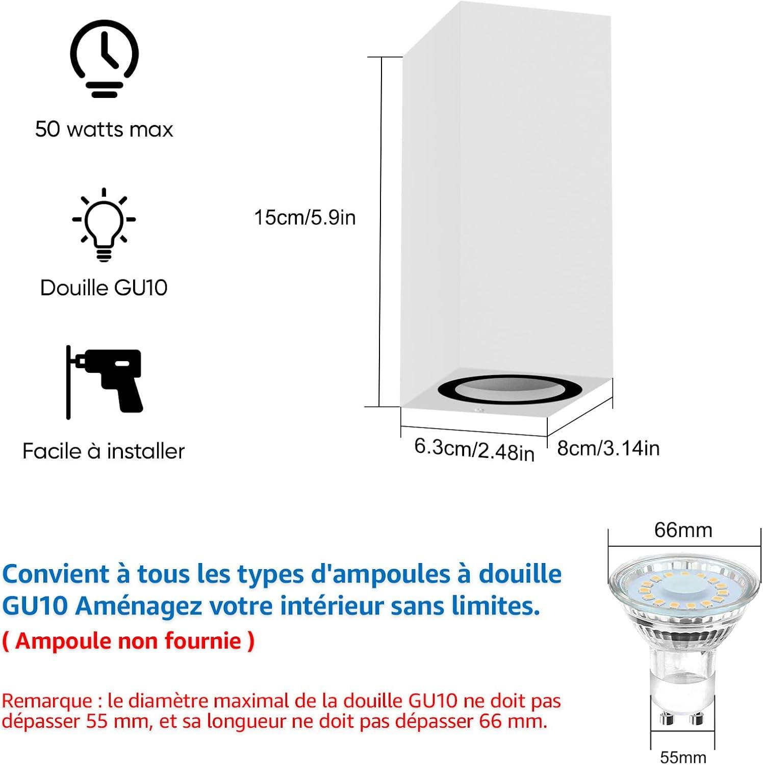 8 in 1 - Lot de 2 Applique Murale Blanc Extérieur Intérieur IP65 Up Down Aluminium GU10 pour Entrée Couloir Escaliers Ampoule non Incluse - Image 5