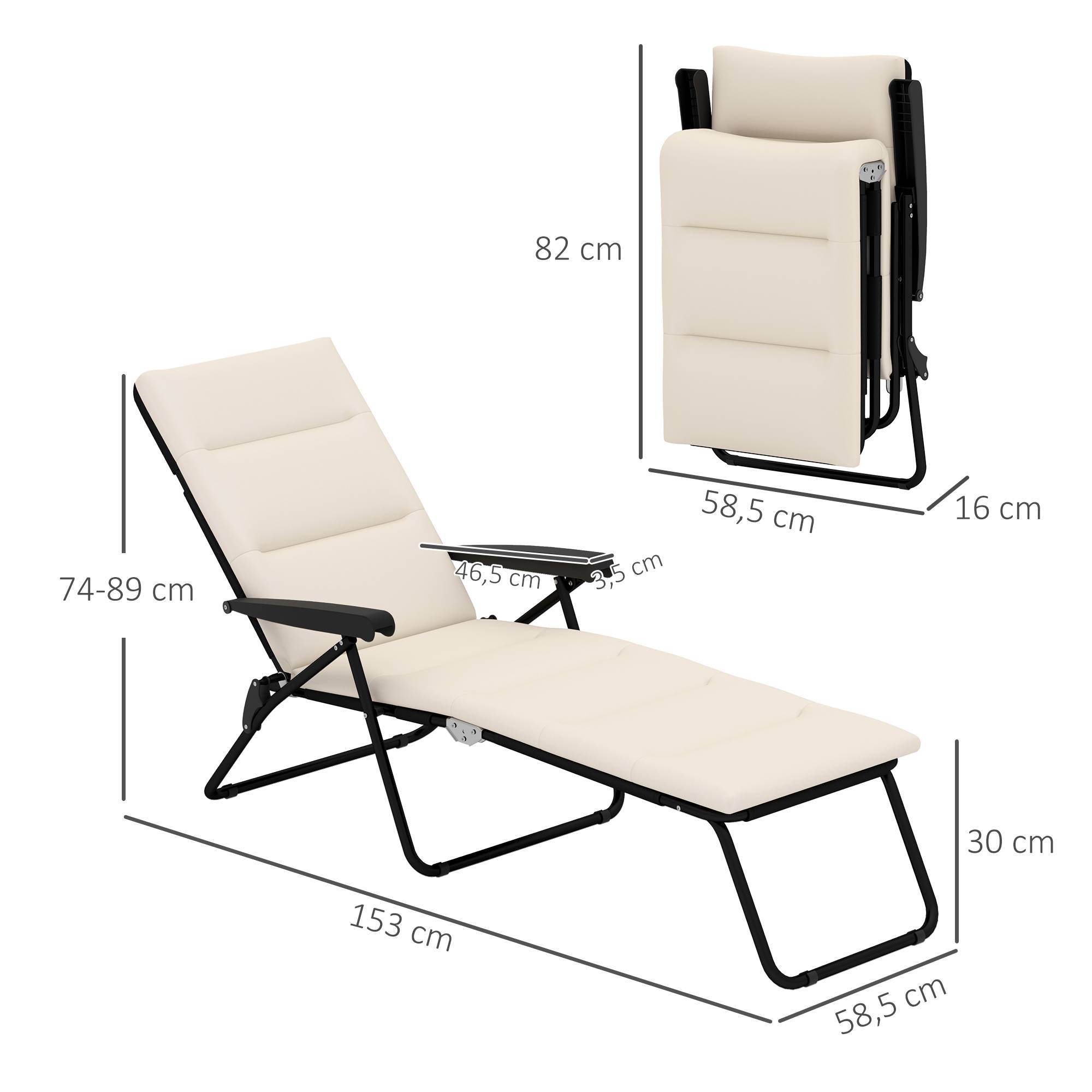 Bain de soleil pliable transat inclinable 6 positions avec matelas 153x58.5x89cm Acier Crème fr27 - Image 5