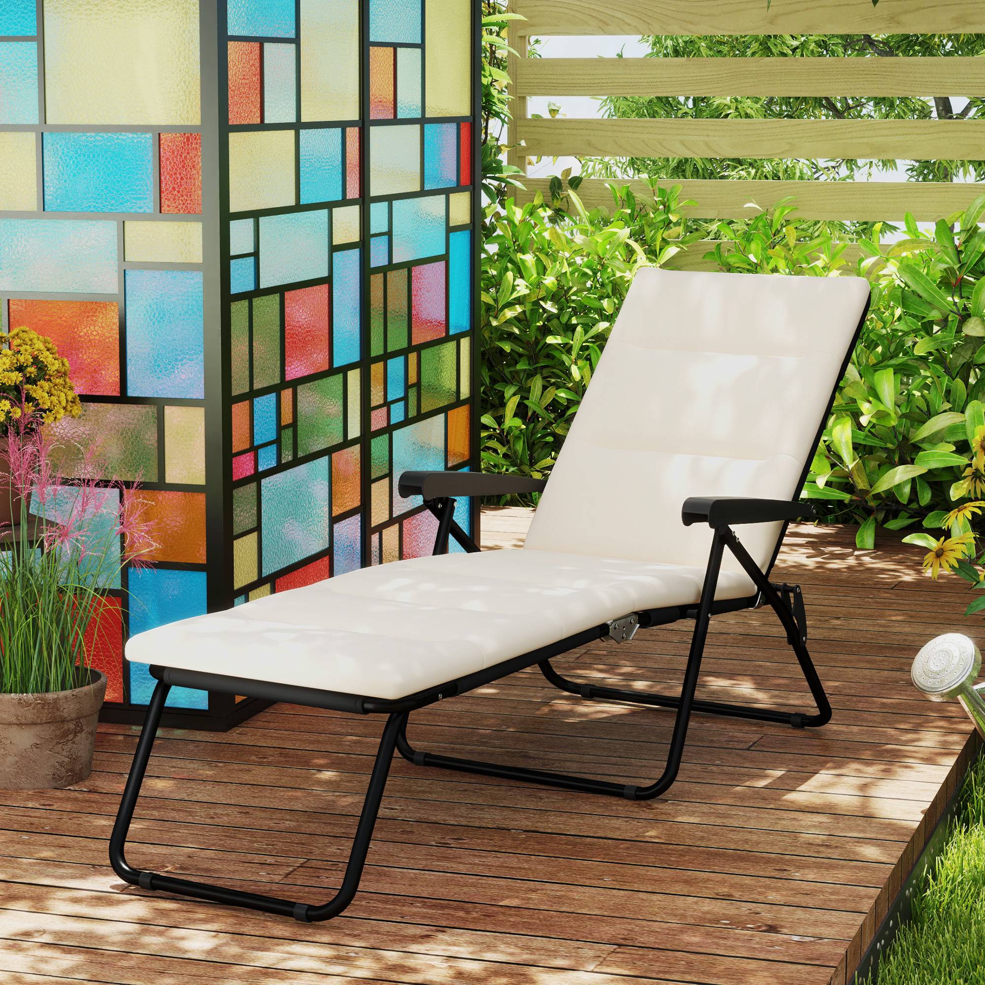 Bain de soleil pliable transat inclinable 6 positions avec matelas 153x58.5x89cm Acier Crème fr27 - Image 4