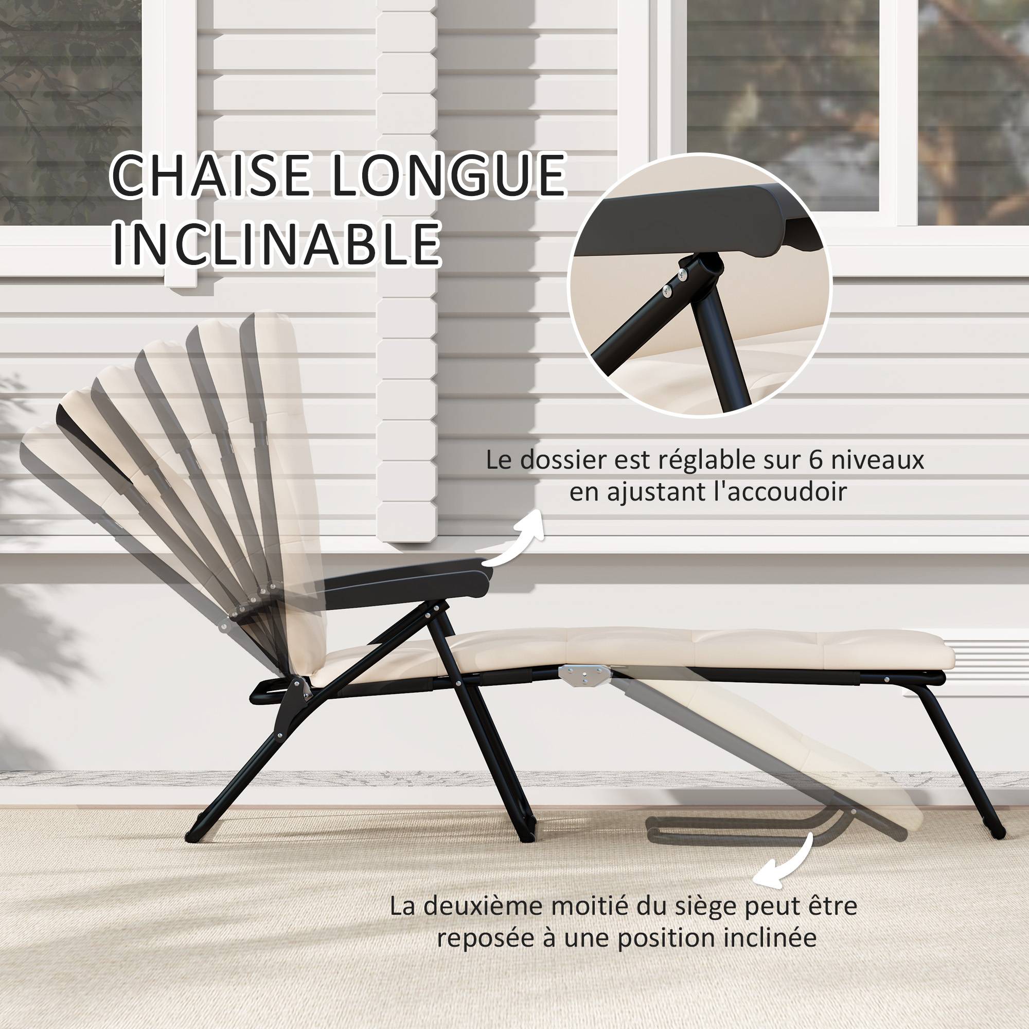 Bain de soleil pliable transat inclinable 6 positions avec matelas 153x58.5x89cm Acier Crème fr27 - Image 6