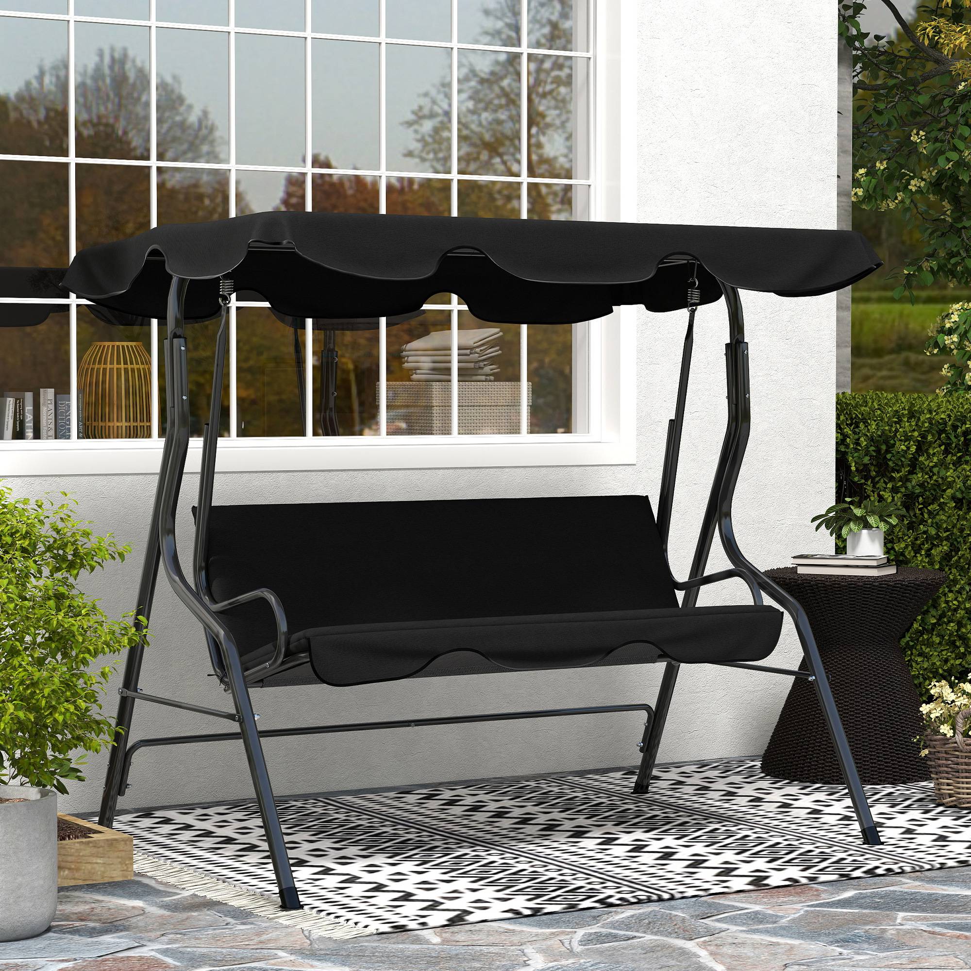 Balancelle jardin 3 places avec auvent réglable coussins acier polyester noire 170x110x153 cm - Image 4