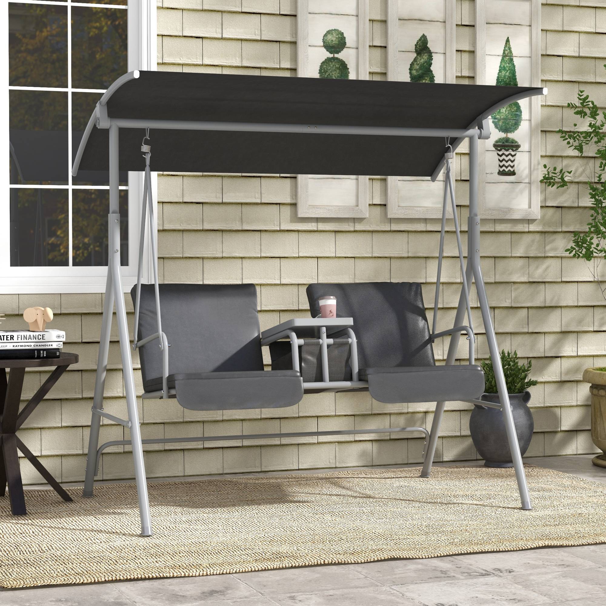 Balancelle de jardin 2 places métal avec table centrale toit pare-soleil 175x112x158cm gris - ComfortXL Outdoor Living - Image 3