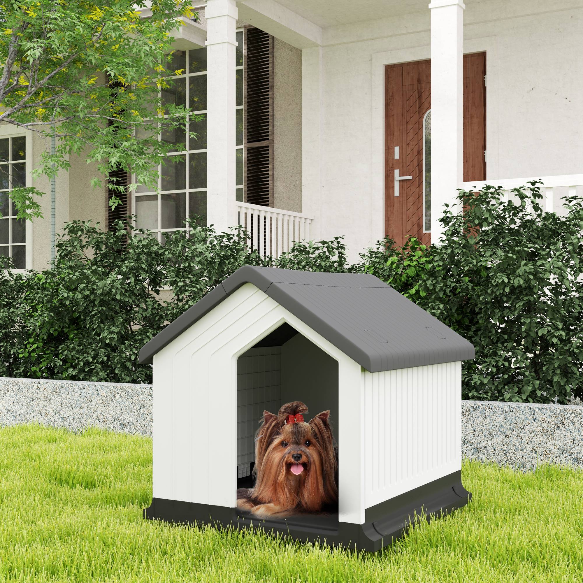Niche extérieure imperméable en plastique pour petits et très petits chiens avec fenêtre, 62 x 61 x 60 cm, grise - Image 4