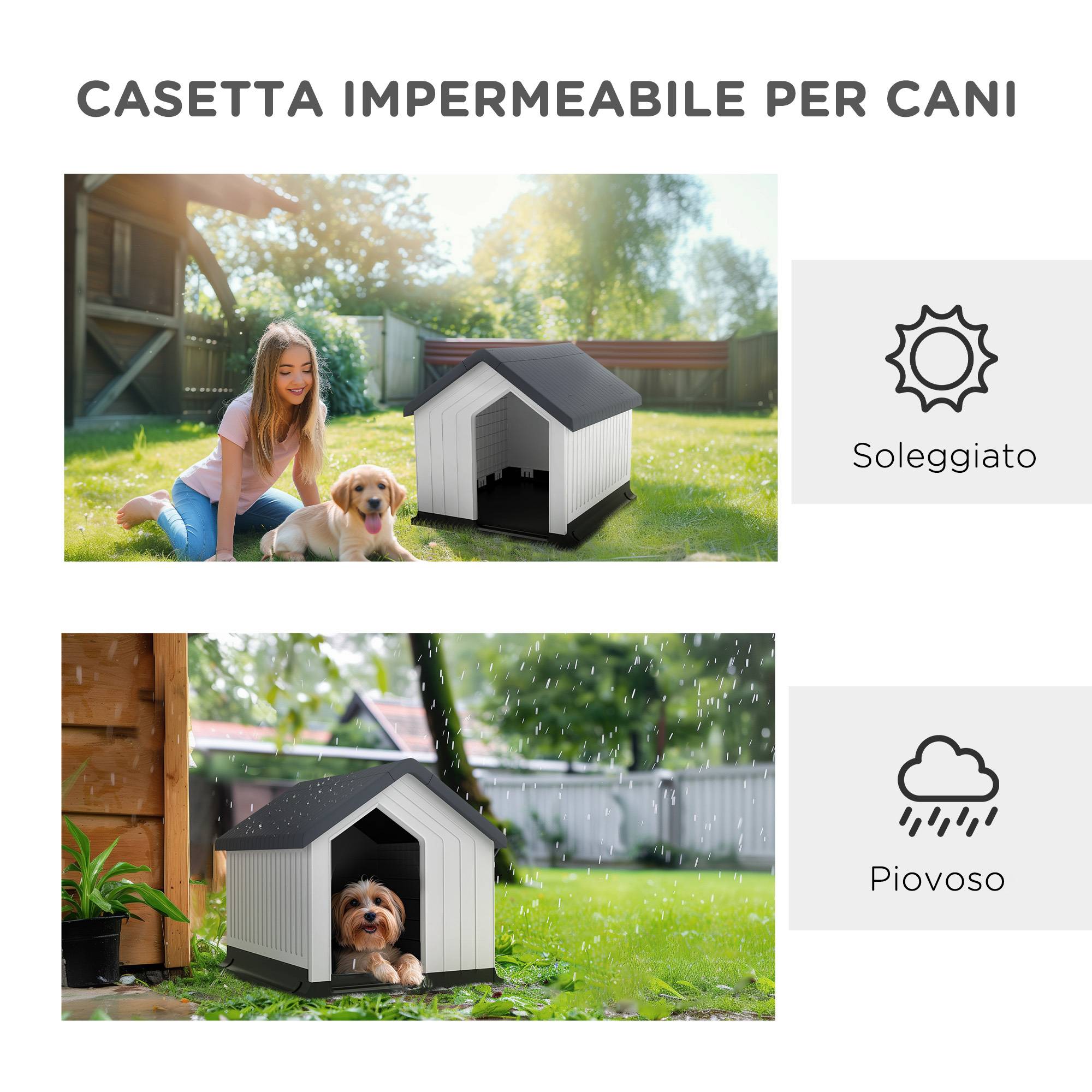 Niche extérieure imperméable en plastique pour petits et très petits chiens avec fenêtre, 62 x 61 x 60 cm, grise - Image 8