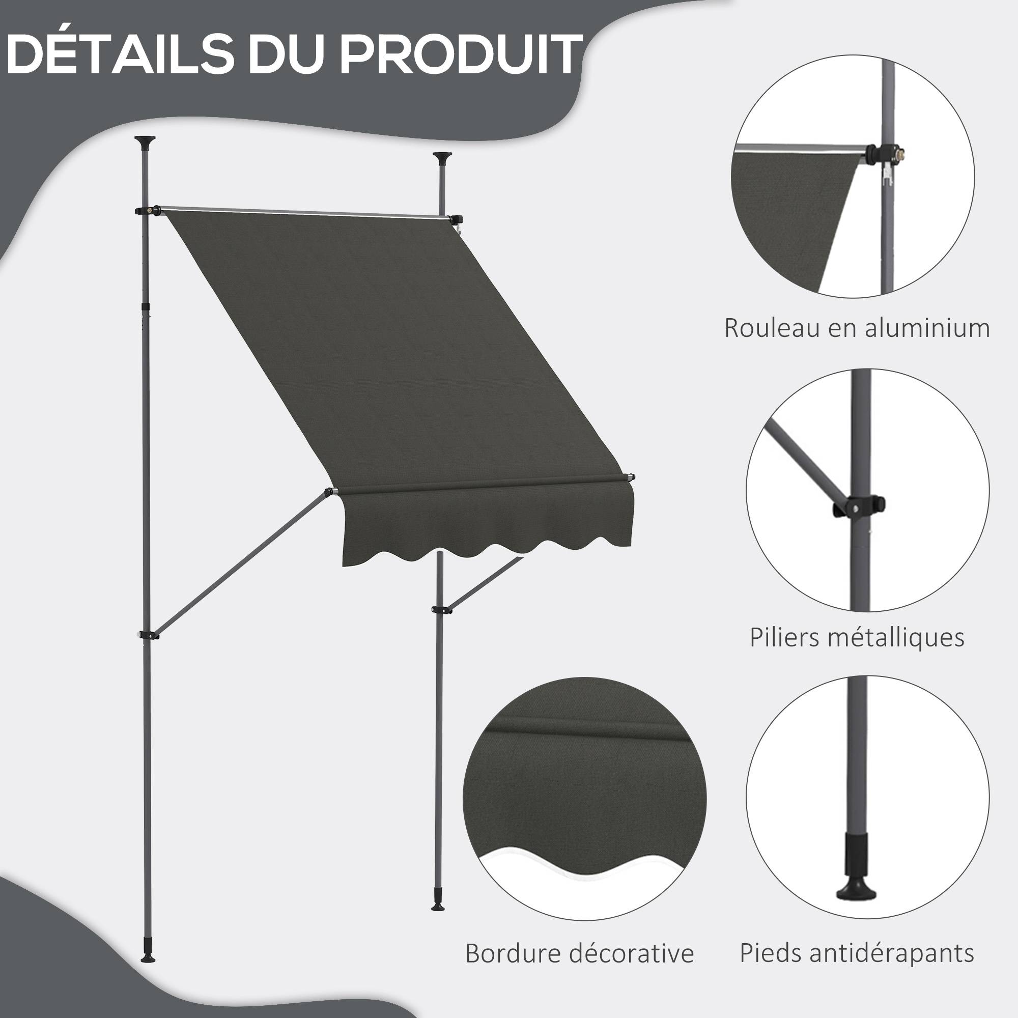 Store banne autoportant manuel rétractable 1,5L x 1,2l x 2,1-3H m inclinaison réglable métal alu polyester gris foncé - Image 9