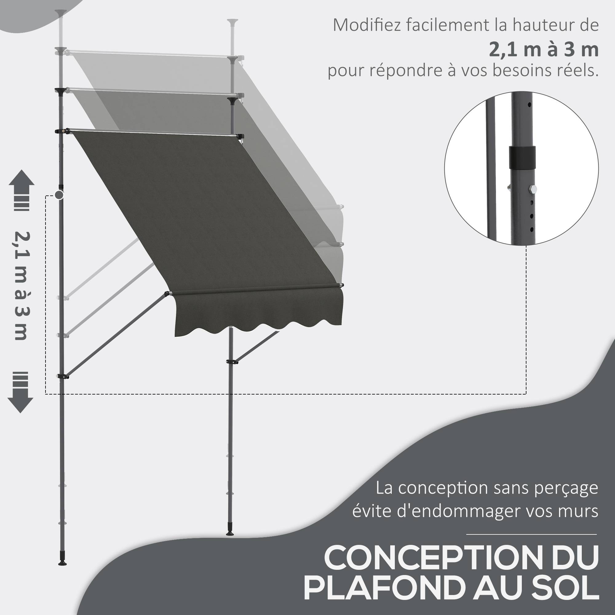Store banne autoportant manuel rétractable 1,5L x 1,2l x 2,1-3H m inclinaison réglable métal alu polyester gris foncé - Image 6