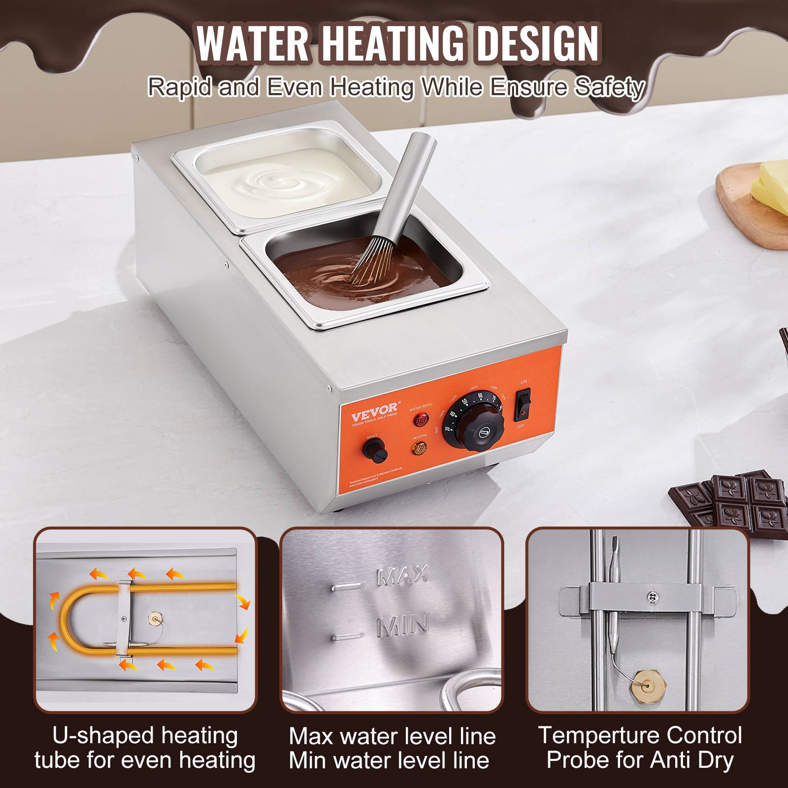 VEVOR Tempereuse chocolat commerciale, 800 W, 2 cuves 1,5 L. Bain-marie, inox, 30-85 °C. - Image 4