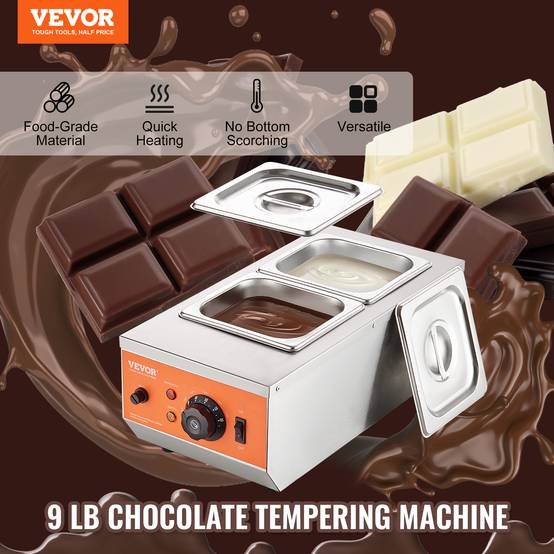 VEVOR Tempereuse chocolat commerciale, 800 W, 2 cuves 1,5 L. Bain-marie, inox, 30-85 °C. - Image 2